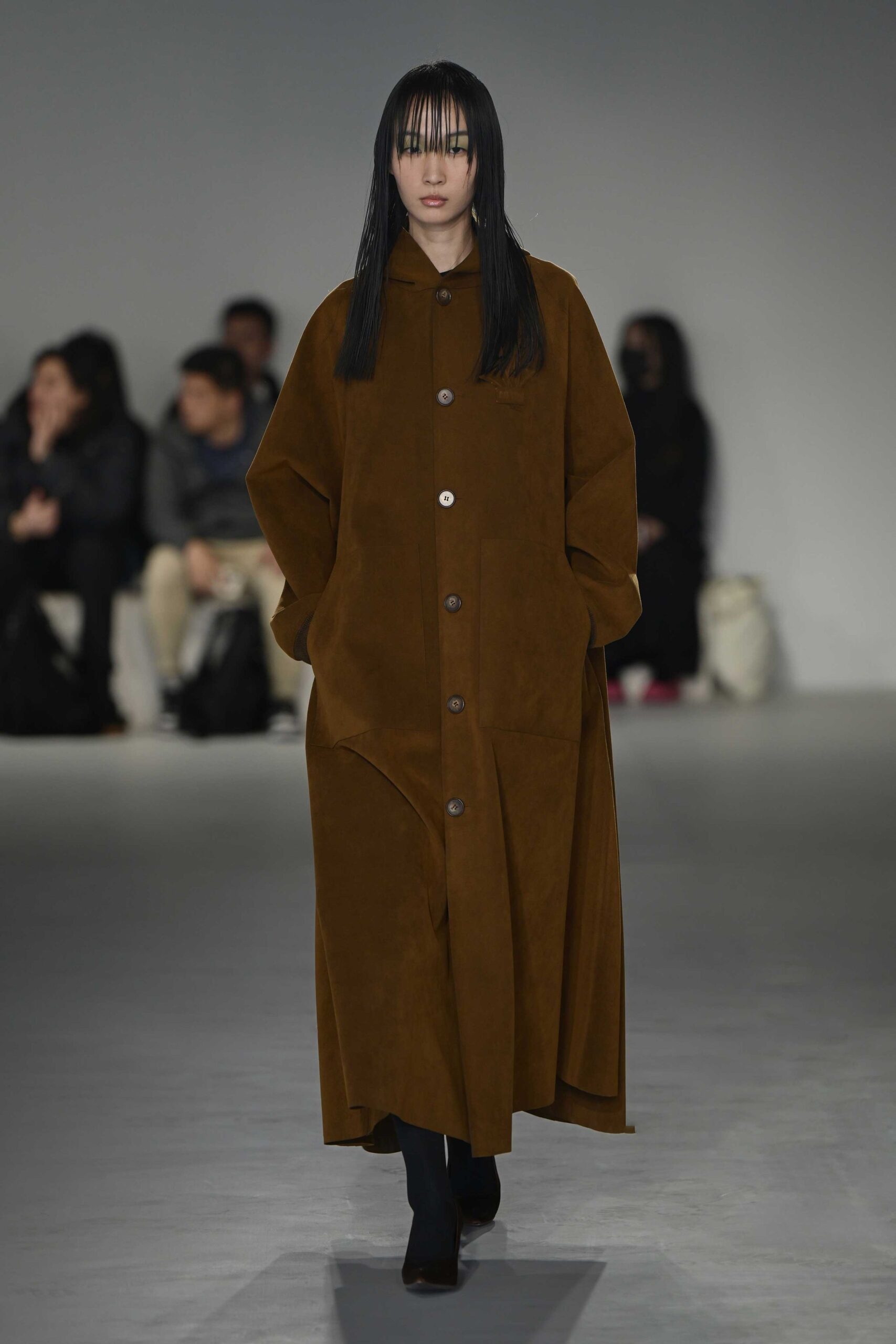 brown suede long-sleeve collared oversized buttoned maxi coat
