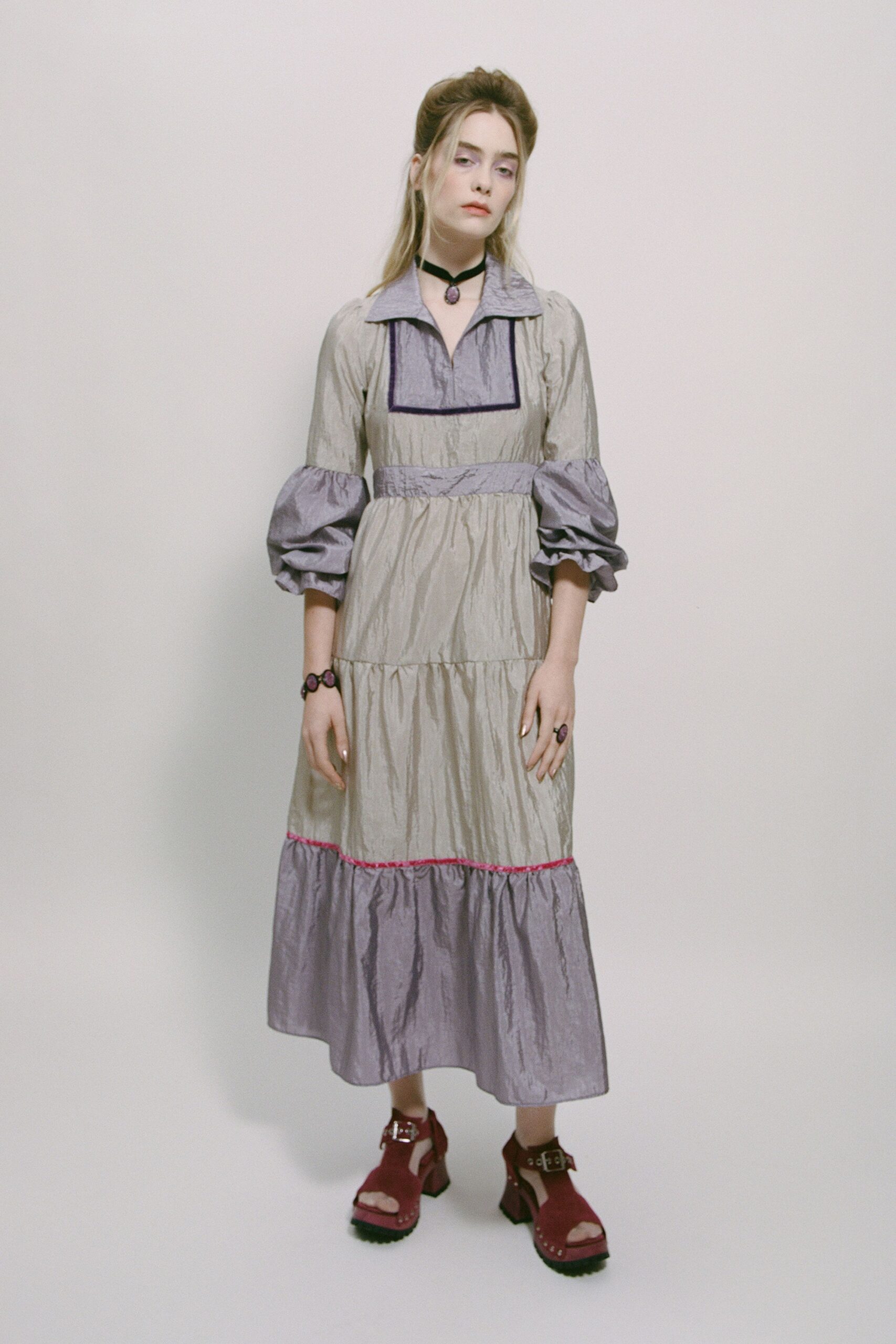 beige silk long-sleeve collared relaxed tiered layered dress