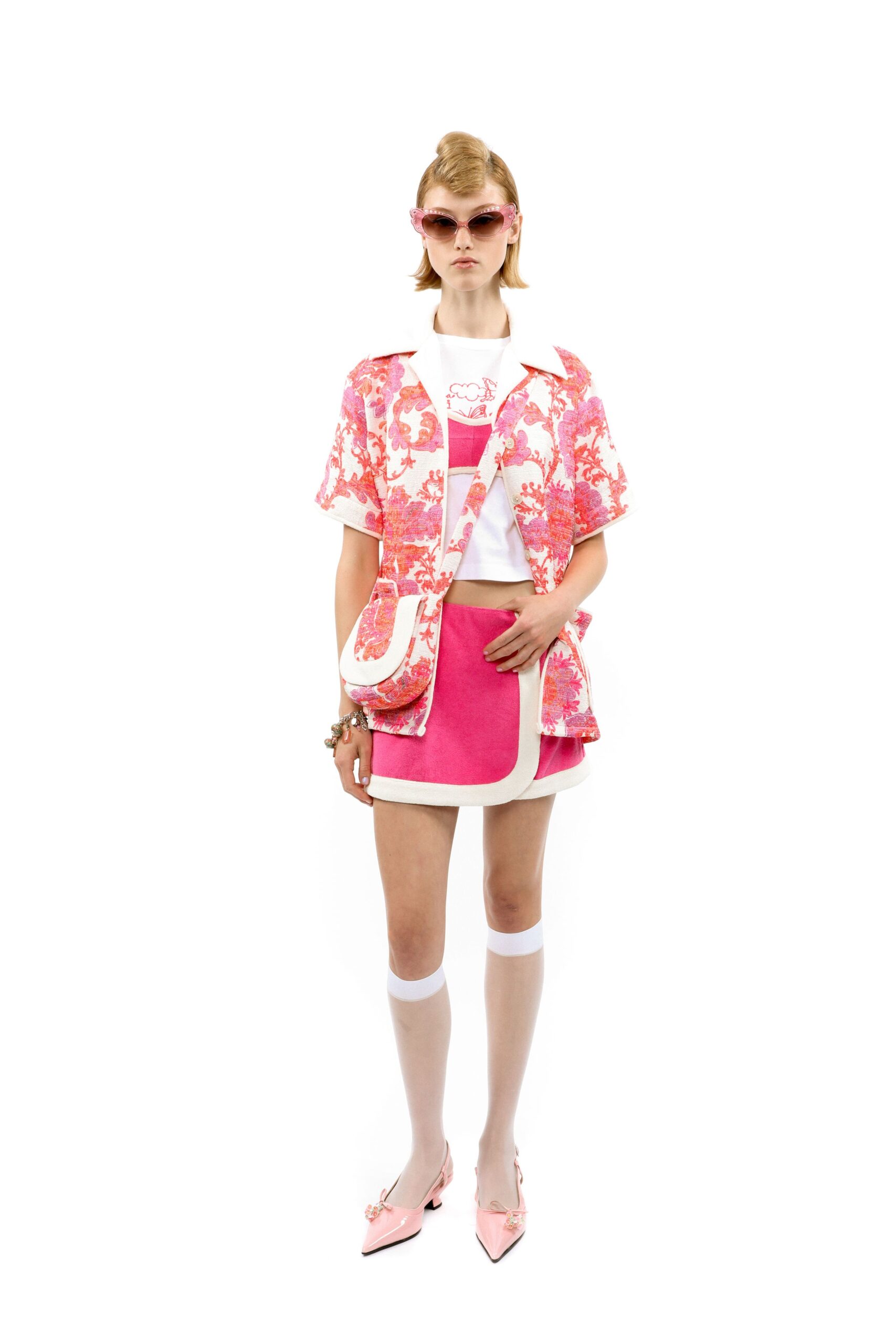 pink floral jacket with mini skirt