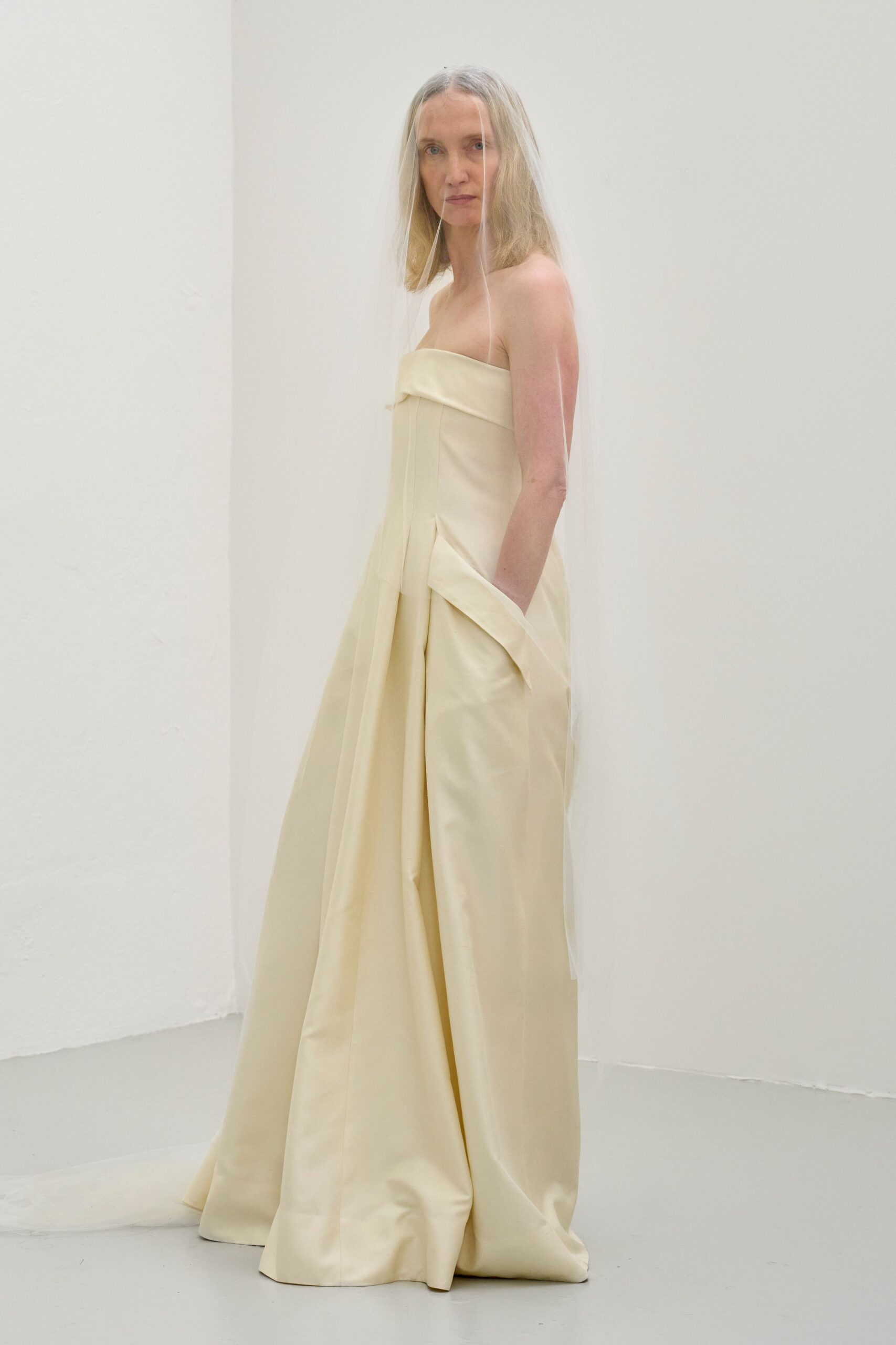 ivory strapless satin gown