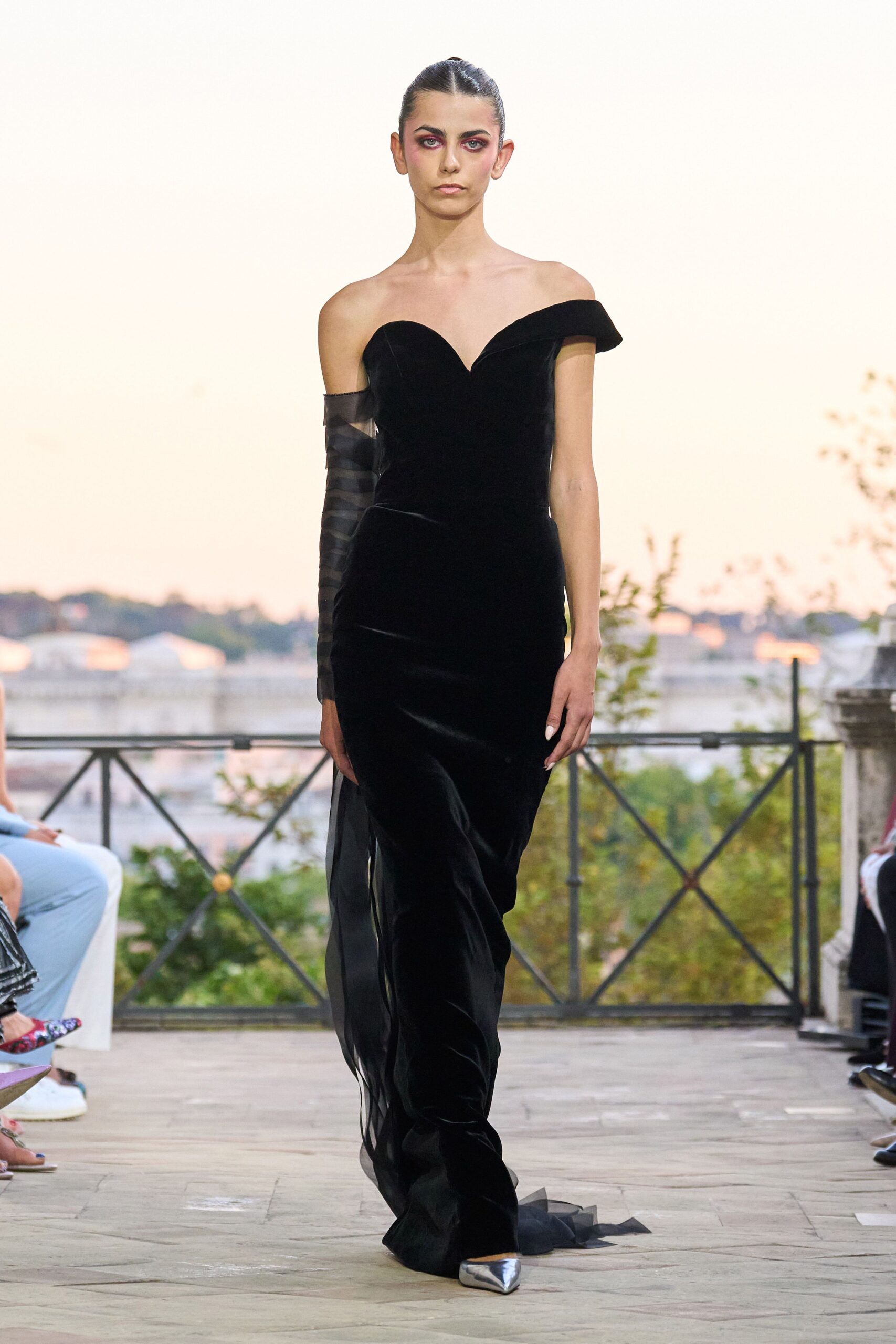 black velvet off-shoulder long-sleeve fitted maxi gown
