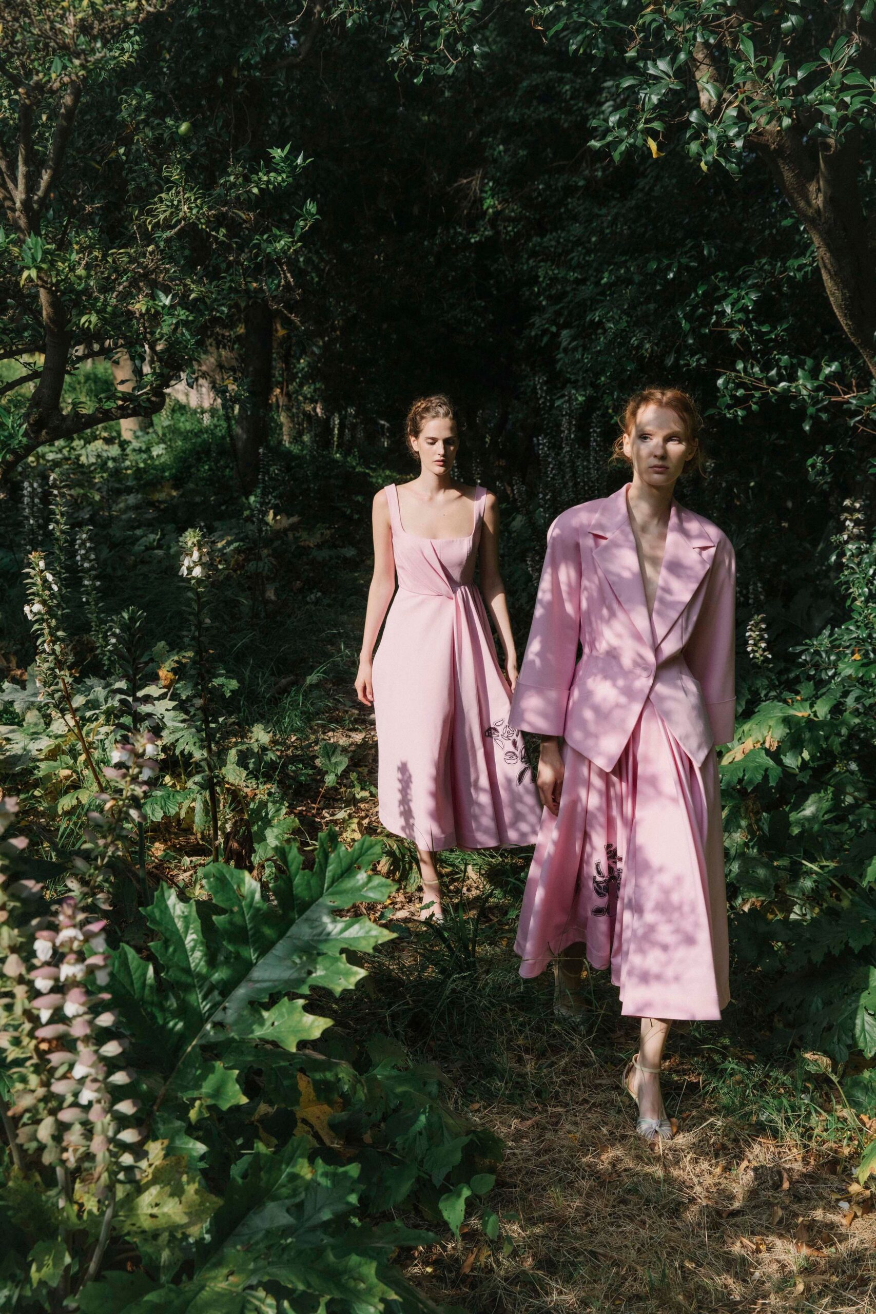 pink silk midi dress and coat