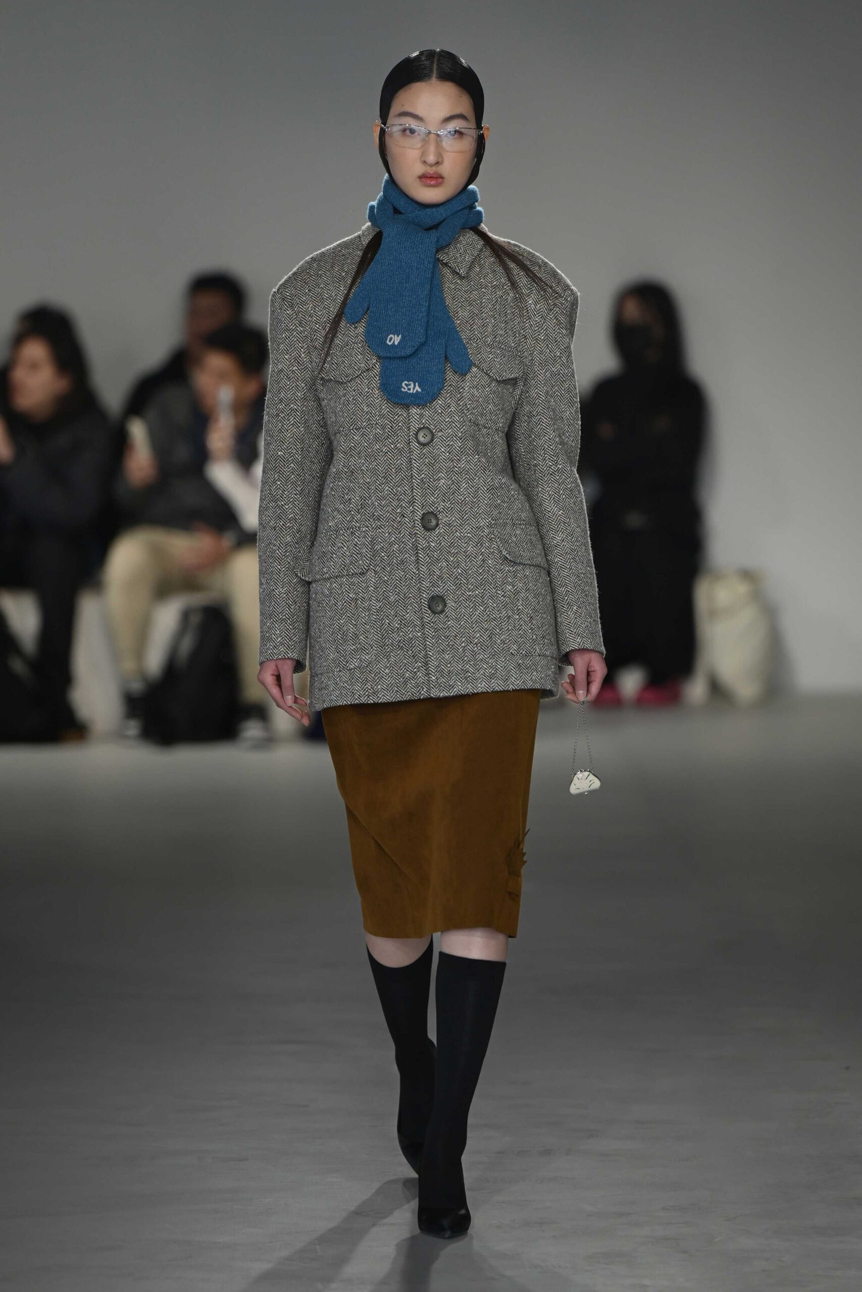 gray tweed long-sleeve collared structured buttoned jacket