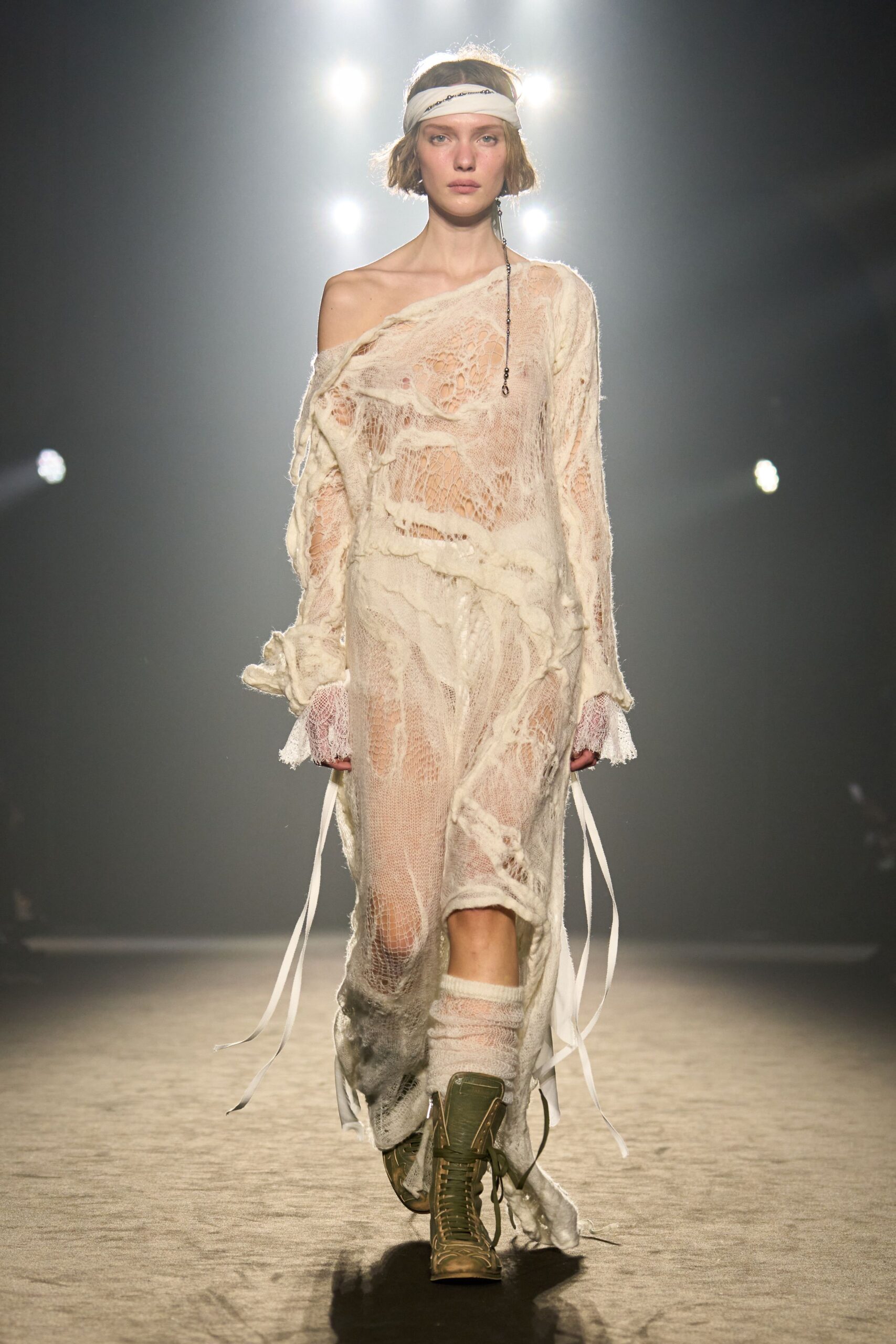 white lace long-sleeve off-shoulder relaxed layered draped dress