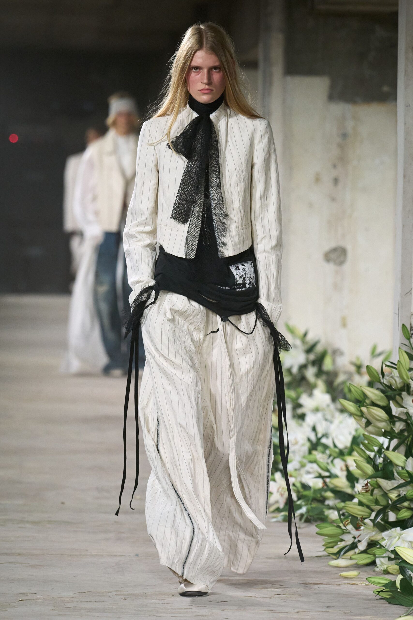 white striped jacket with black scarf
