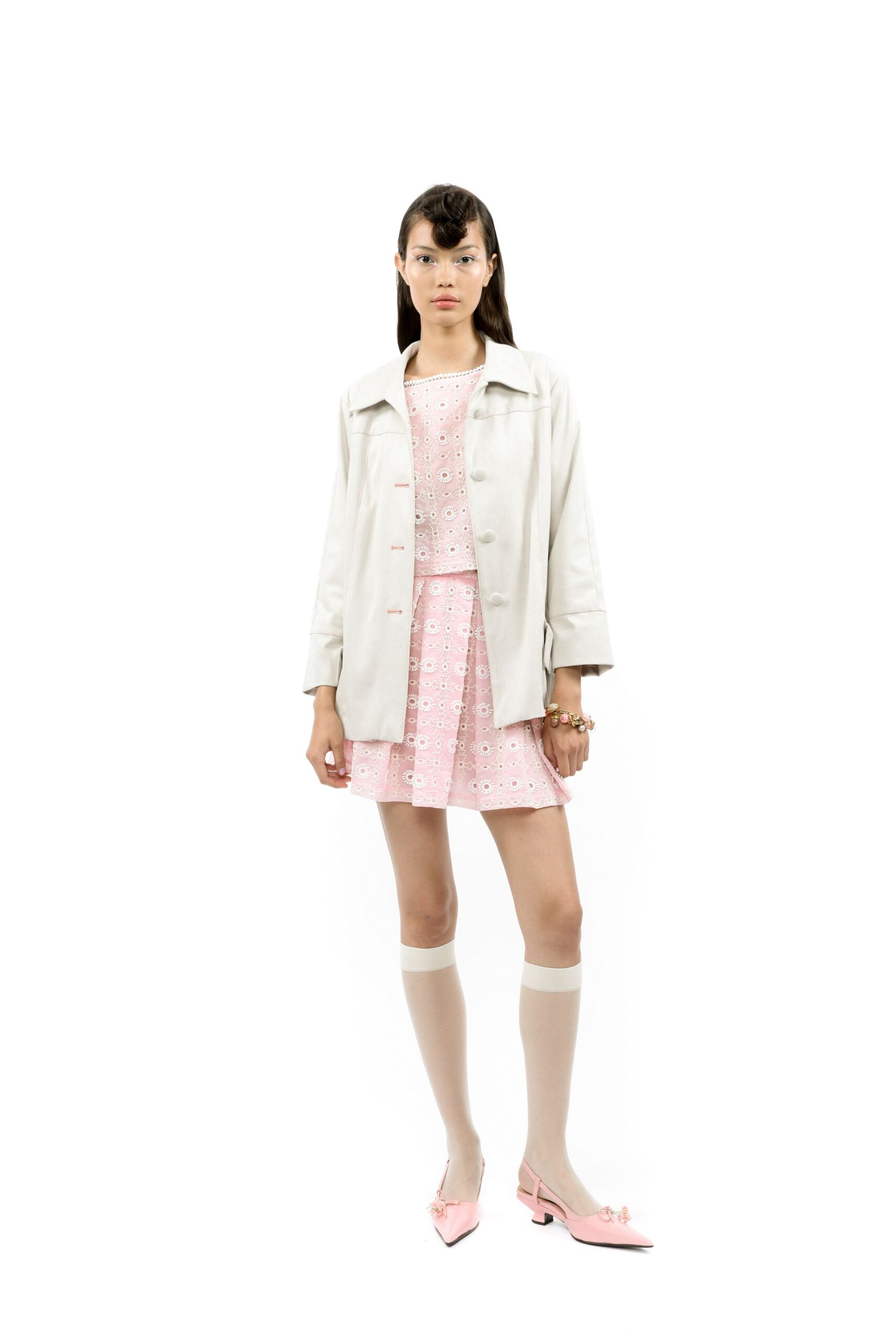 white jacket pink embroidered dress
