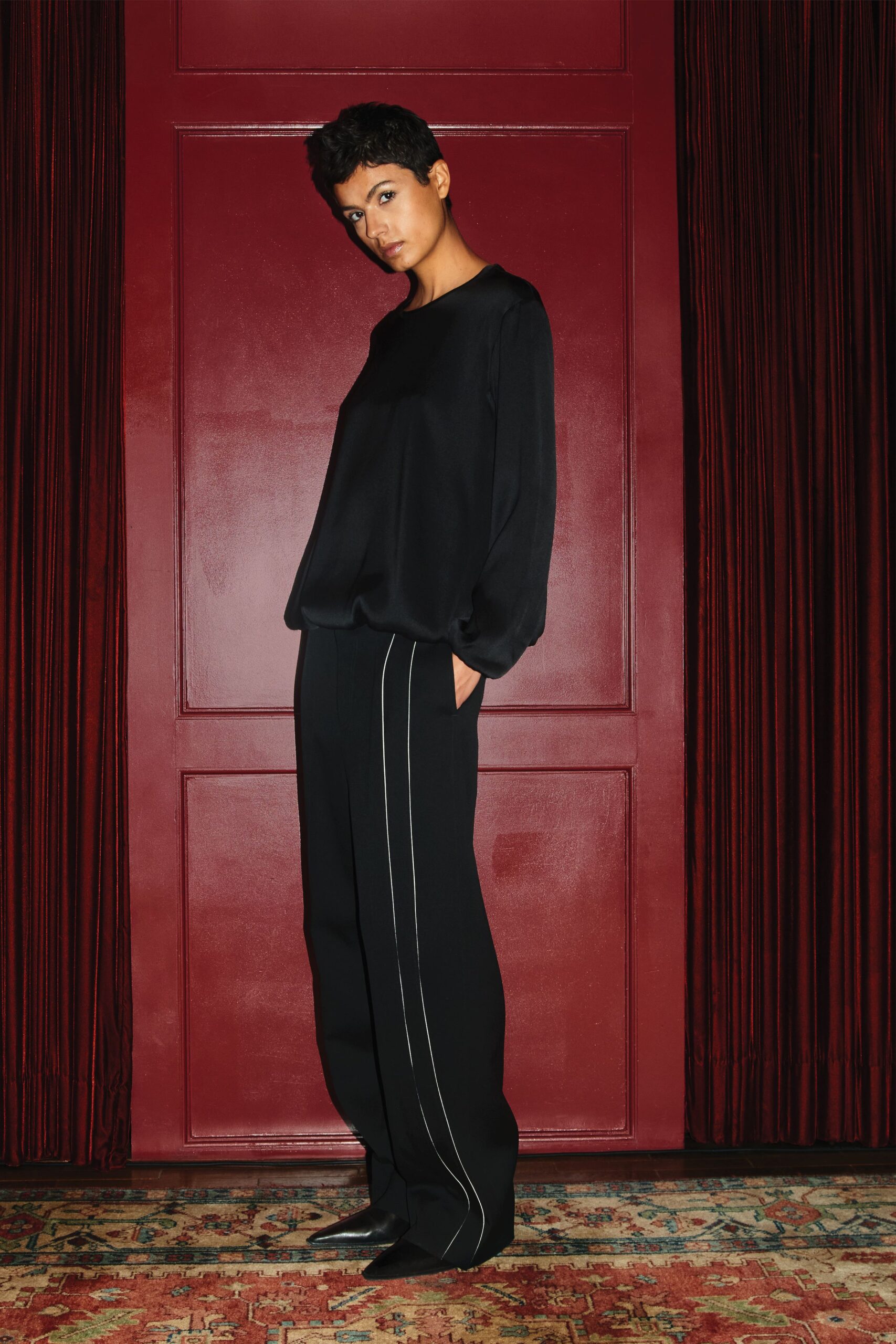 black silk top and pants