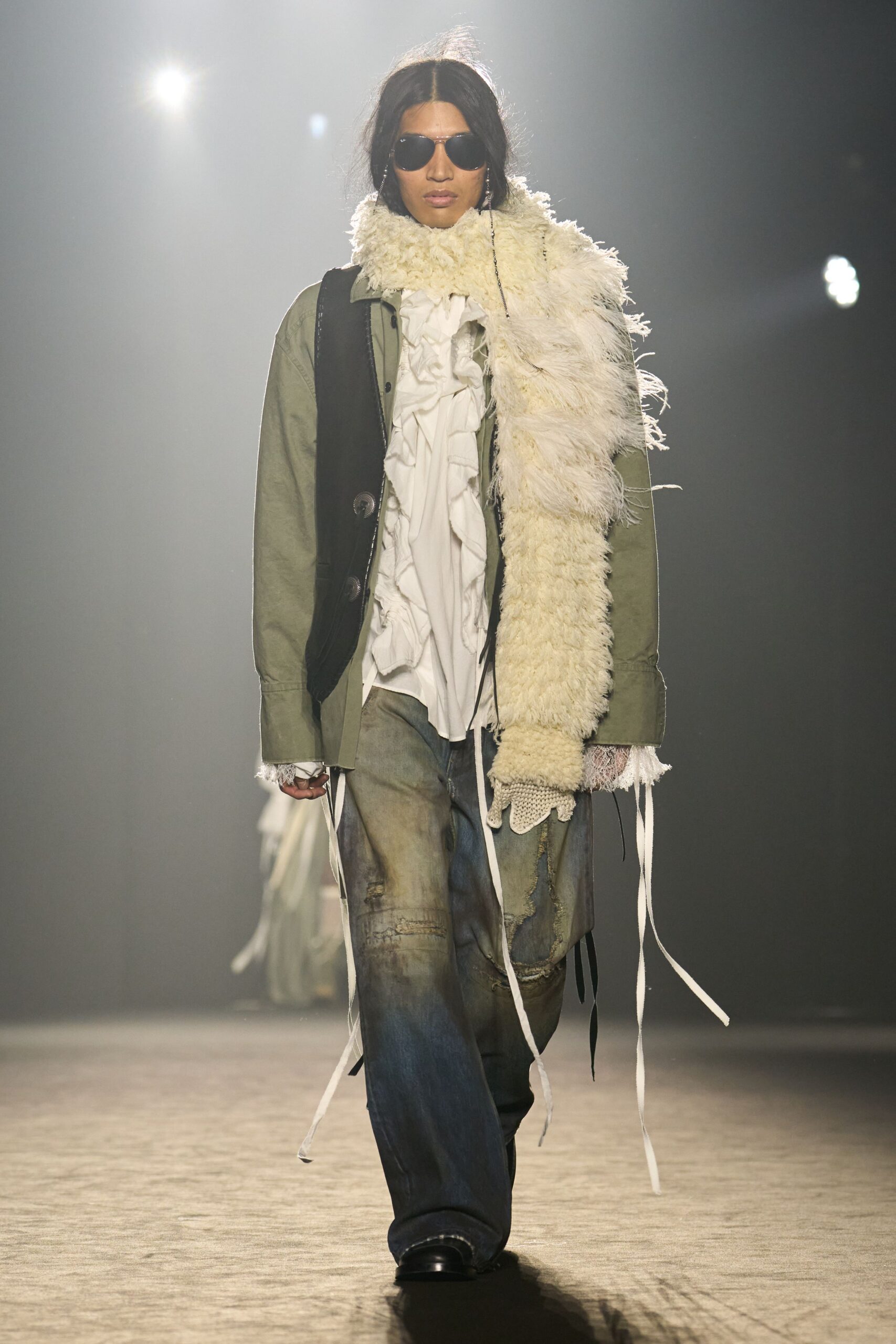 green relaxed jacket with white shirt