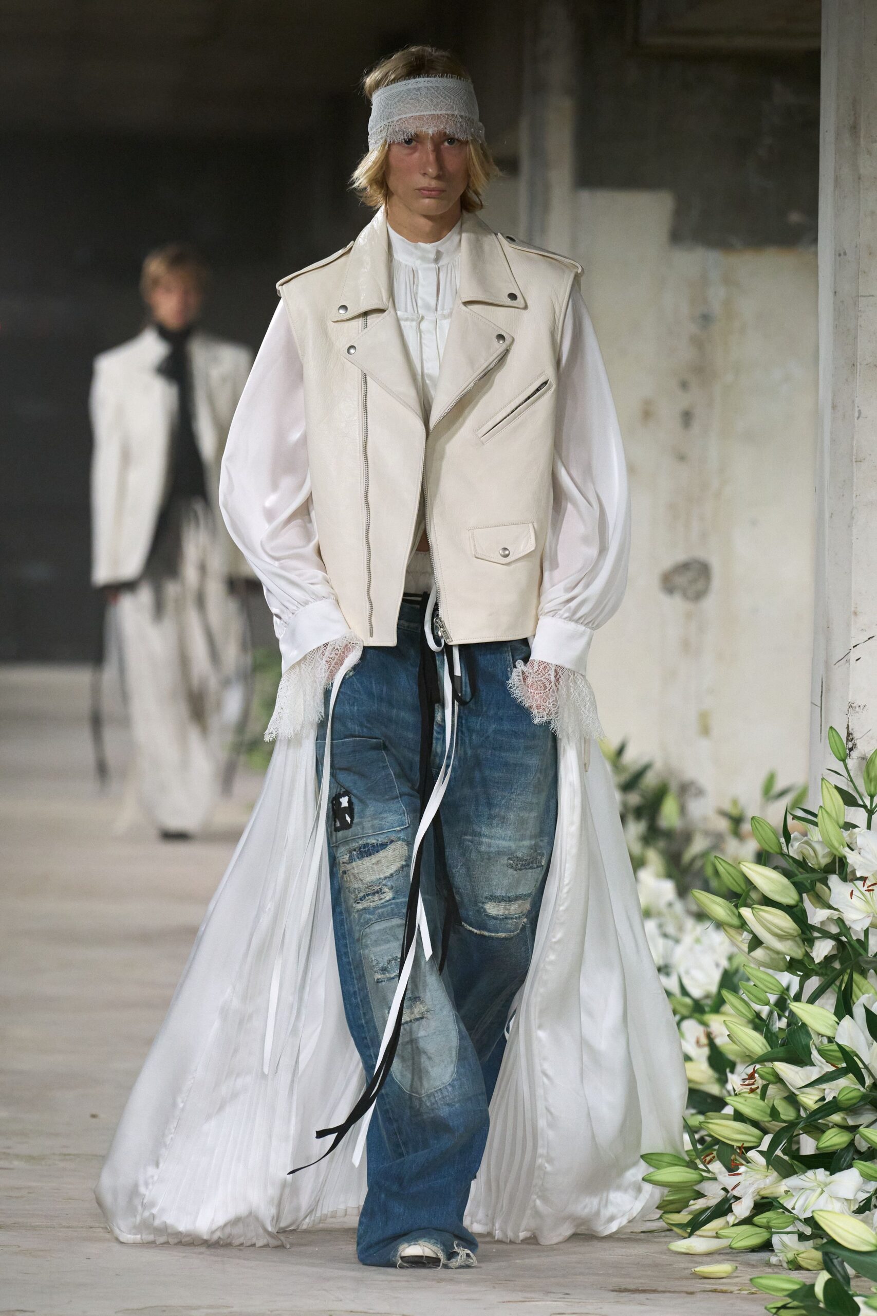 white leather vest with flowing gown