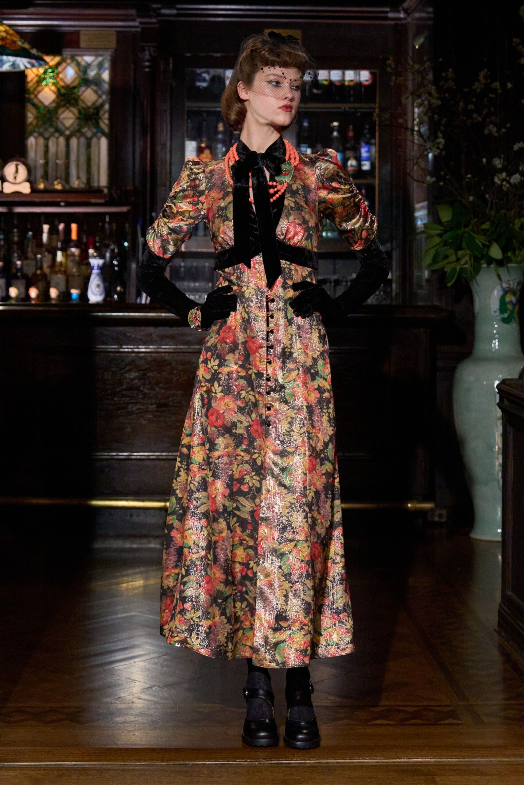 multi silk long-sleeve collared fitted floral buttoned dress