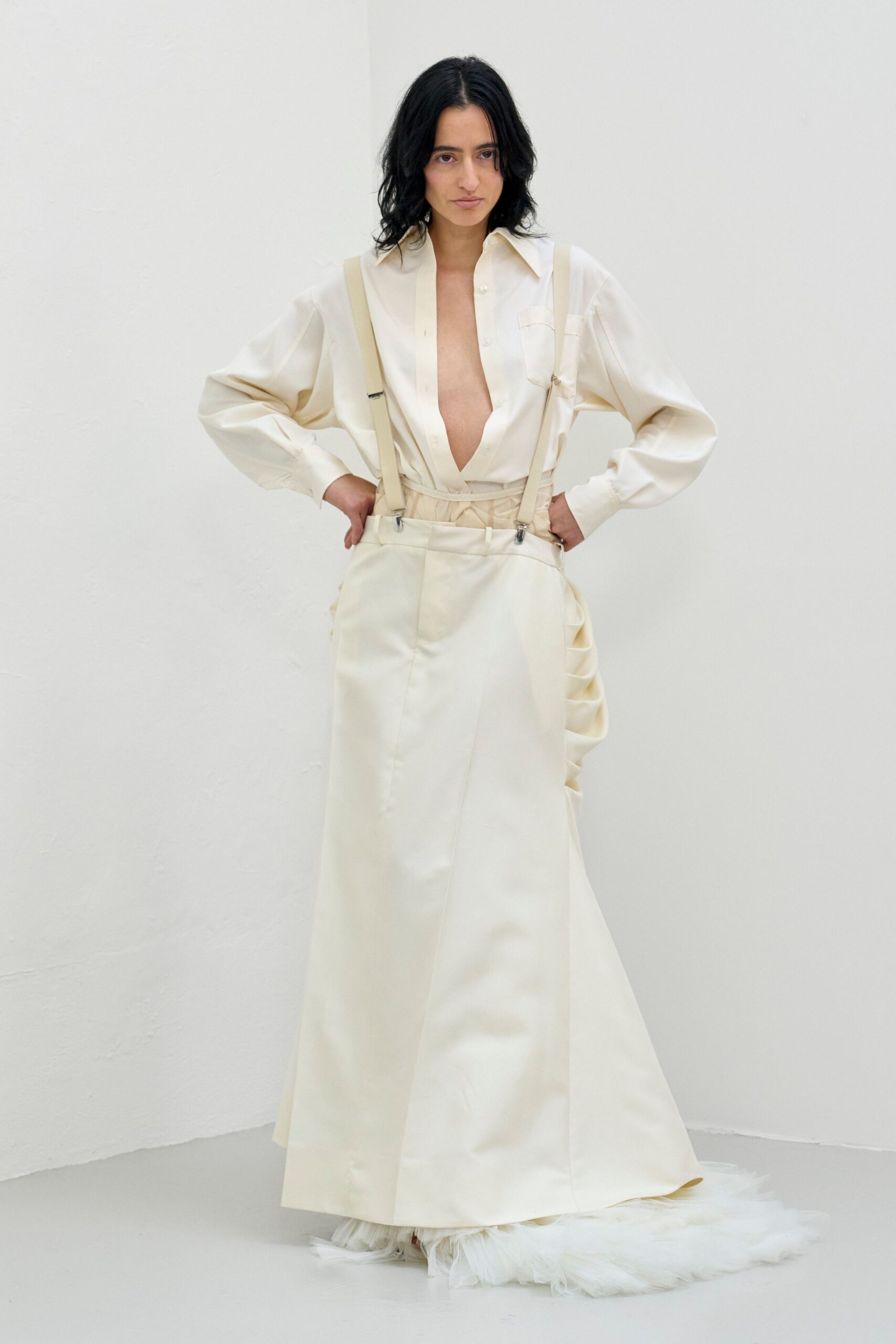 white silk long-sleeve collared oversized buttoned flowing shirt