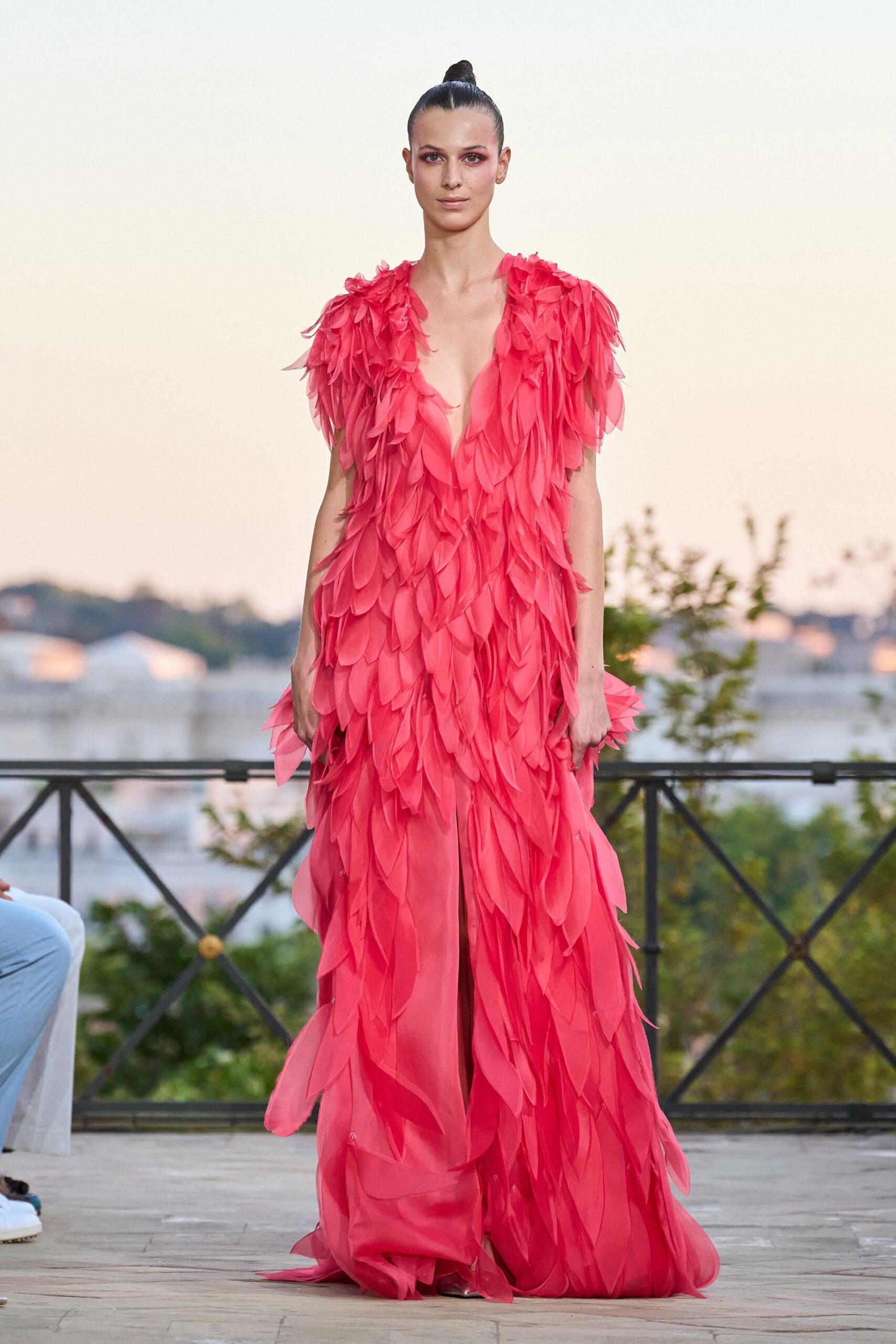 pink ruffled chiffon gown