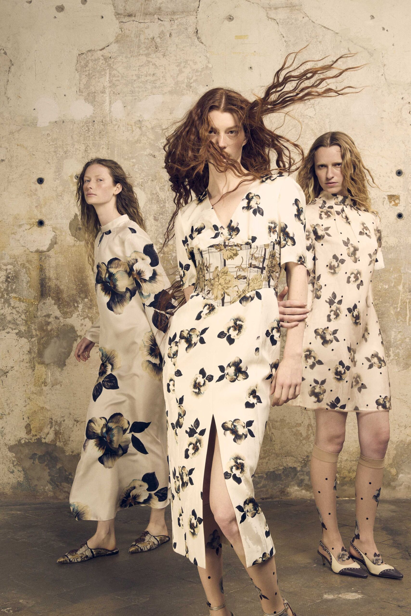 white silk long-sleeve high-neck structured floral printed dress