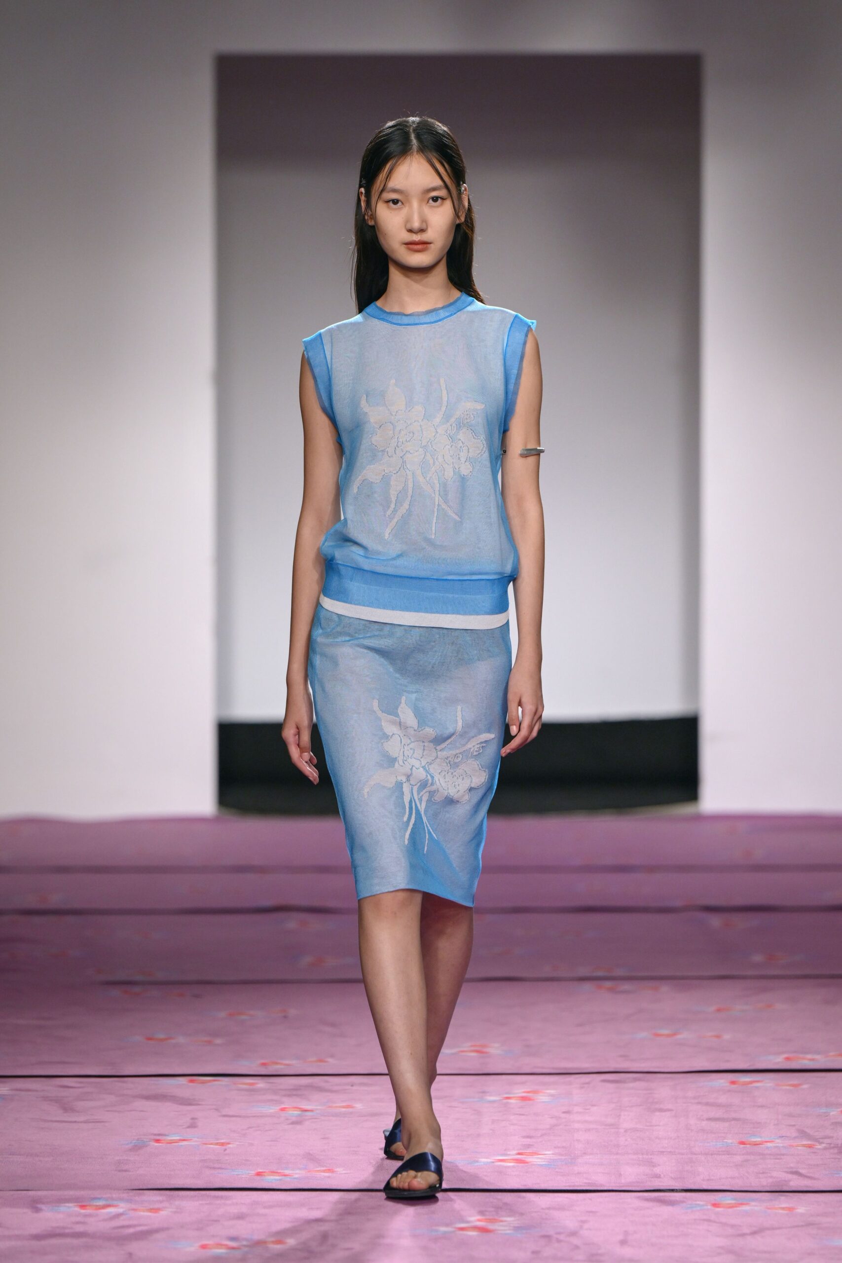 blue silk sleeveless high-neck fitted embroidered sheer dress