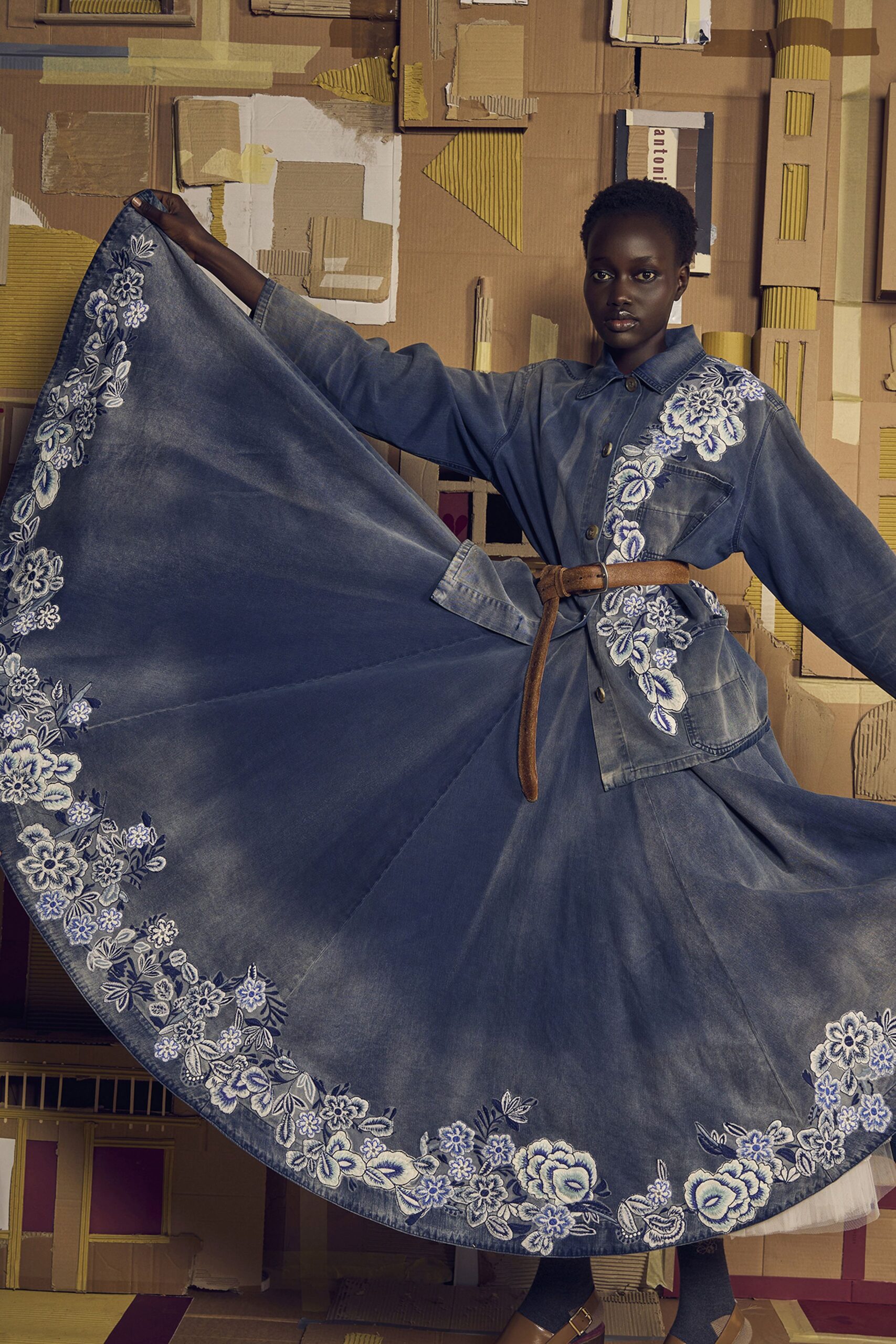 blue denim long-sleeve collared fitted embroidered tiered dress