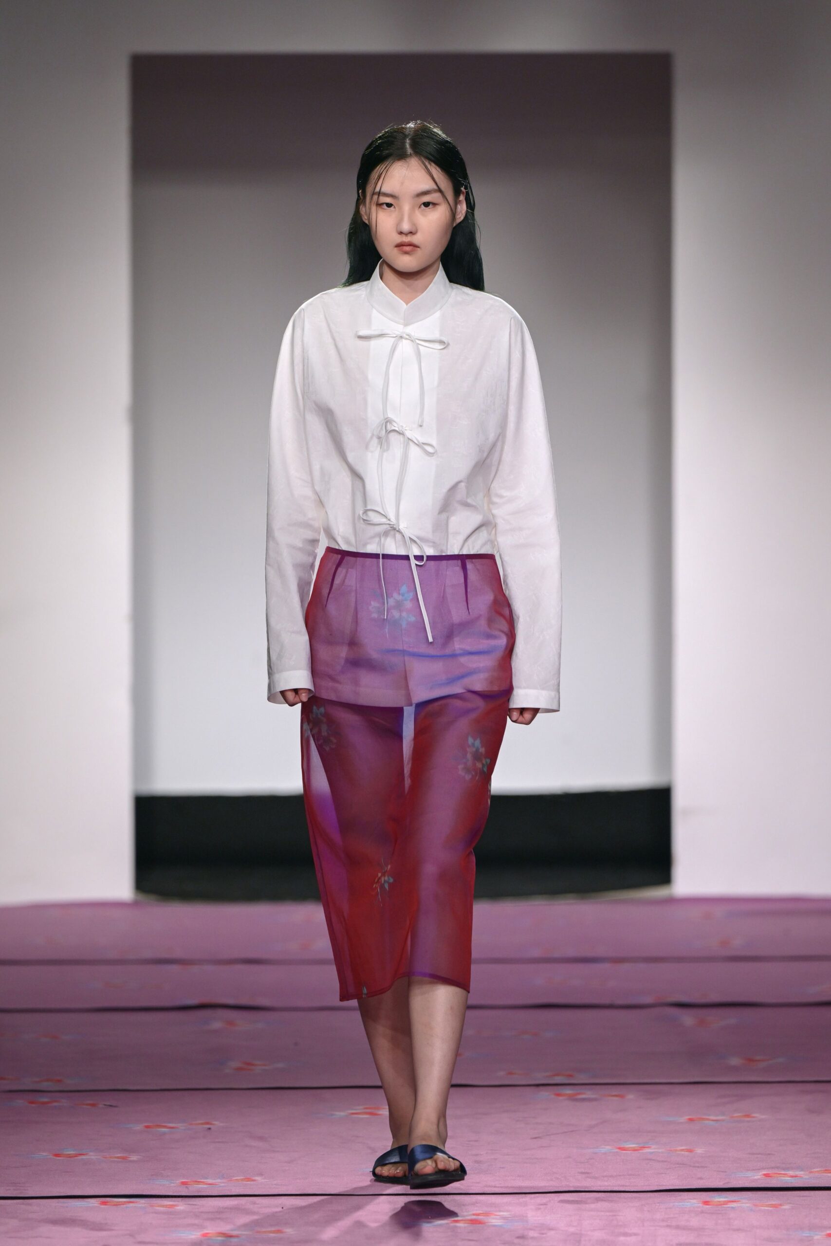 red chiffon fitted high-waisted pleated sheer skirt