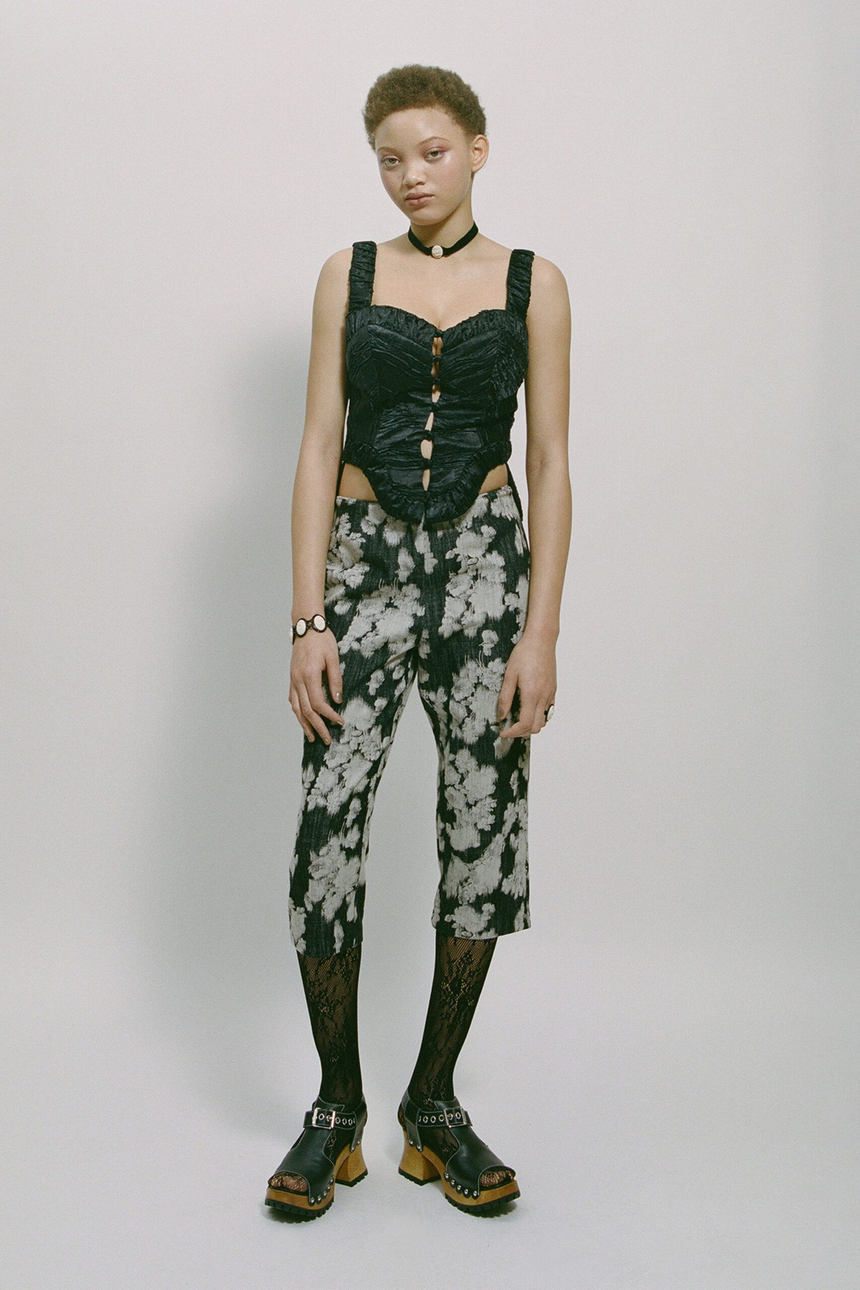 black cotton relaxed printed textured cropped pants