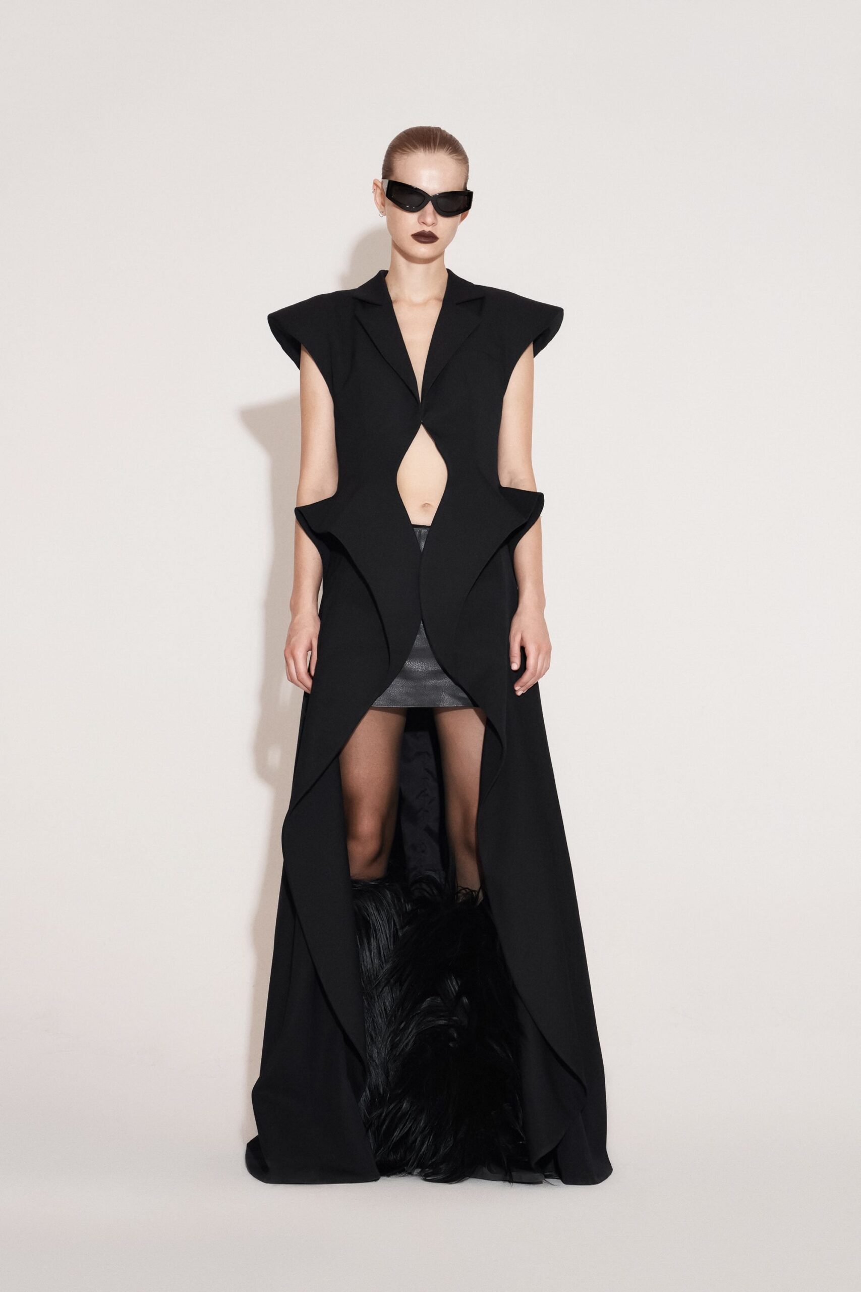 black wool sleeveless v-neck fitted draped maxi gown