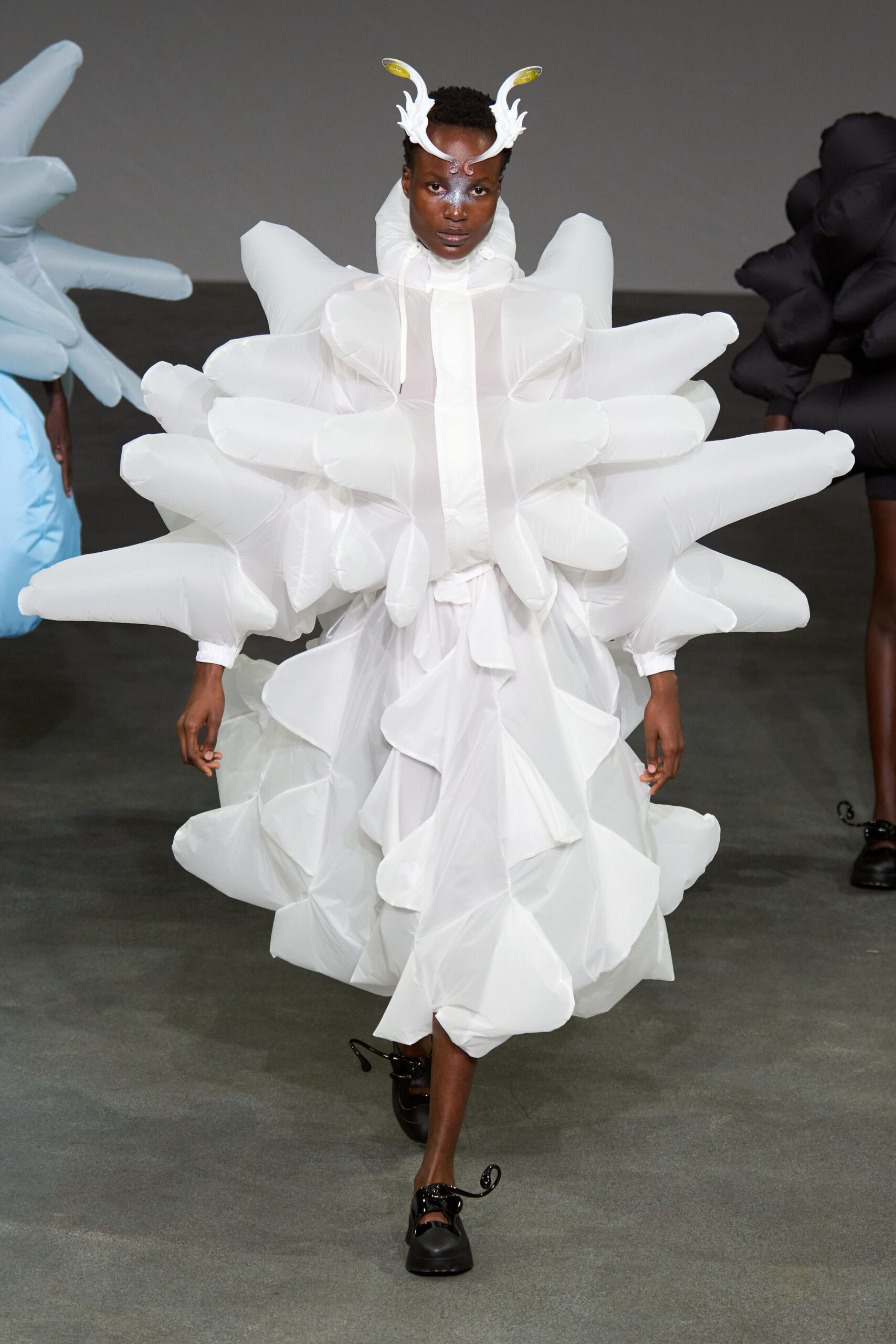 white vinyl long-sleeve collared relaxed ruffled layered dress