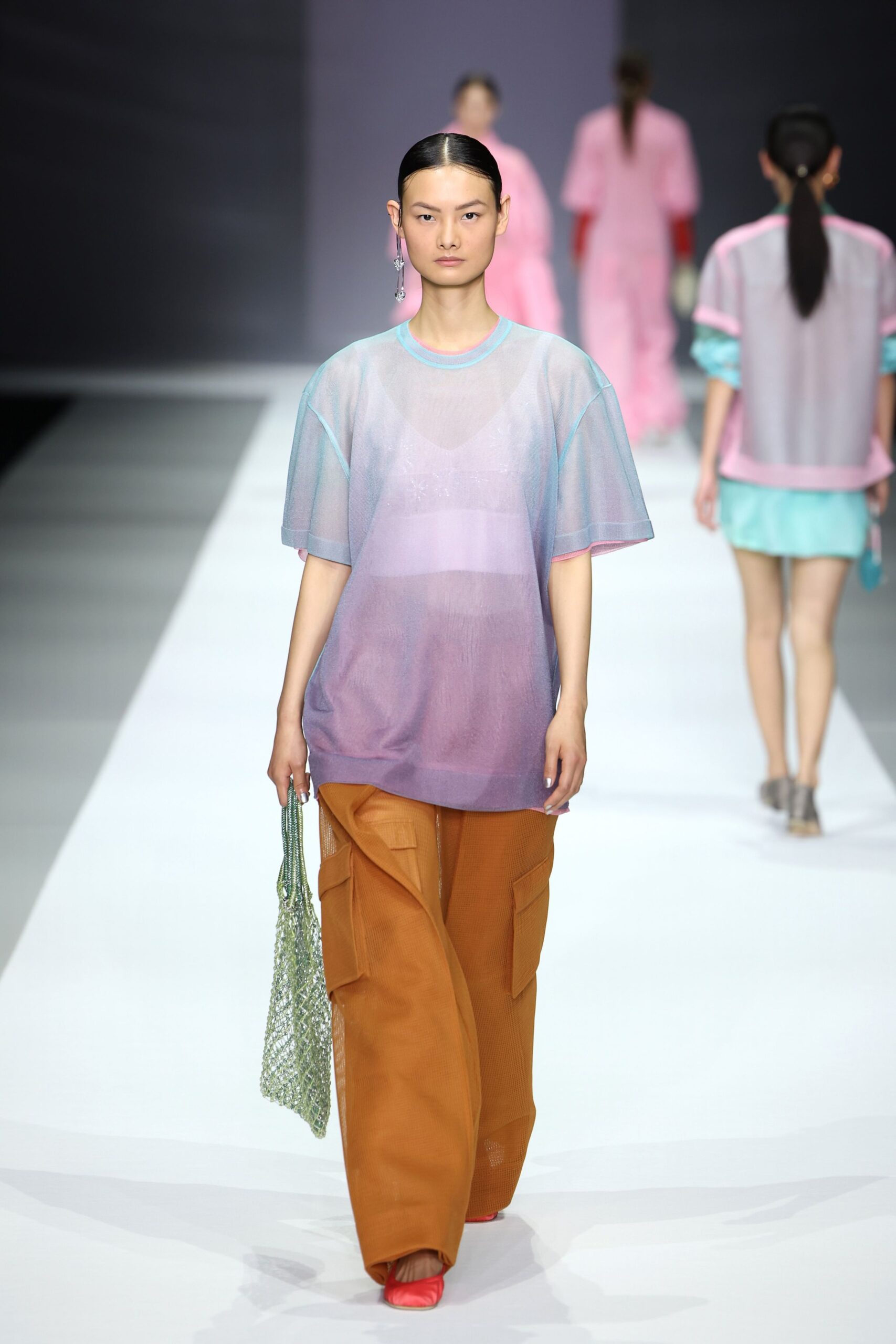 purple mesh short-sleeve scoop-neck relaxed layered sheer top