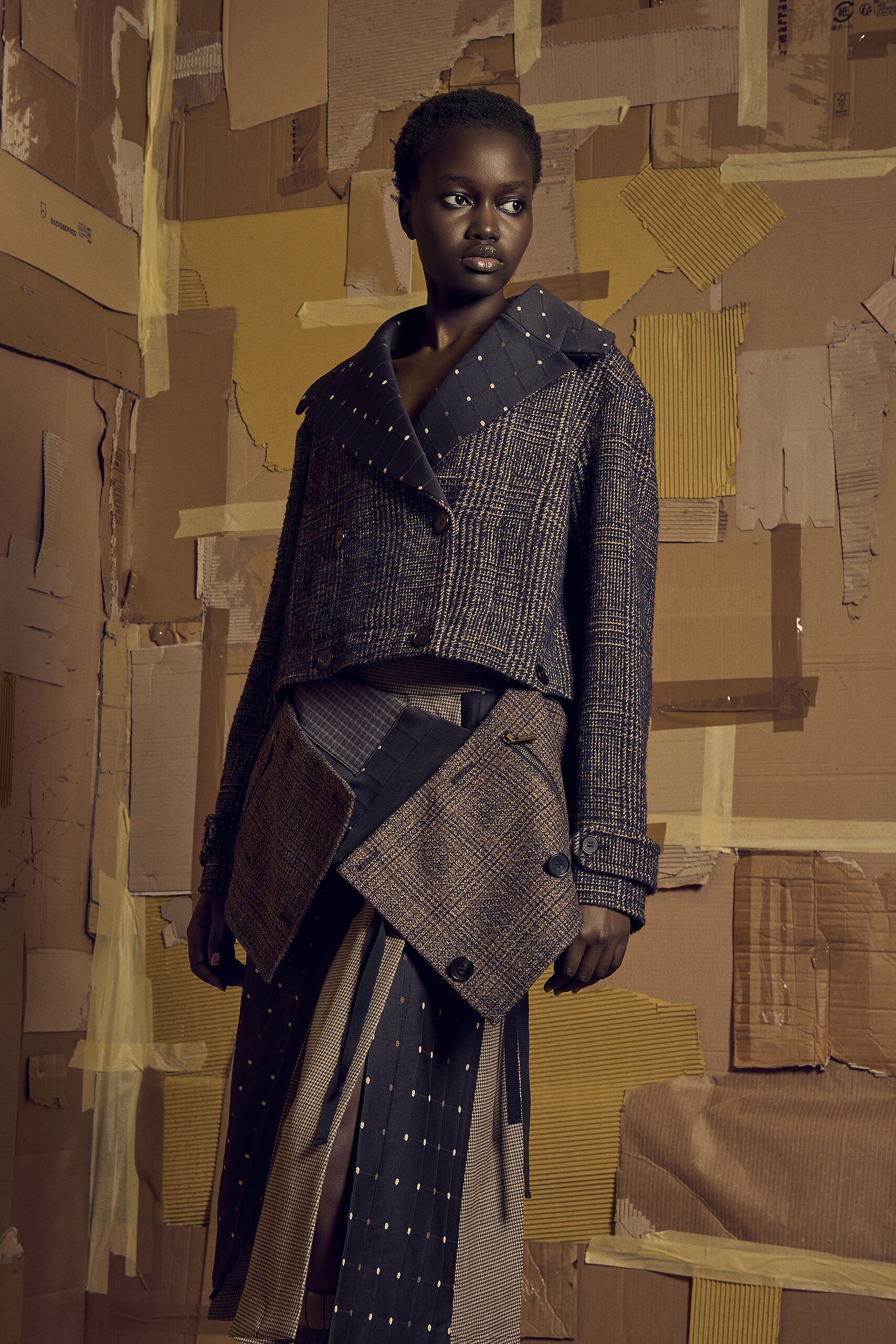 blue cotton long-sleeve collared fitted buttoned layered jacket
