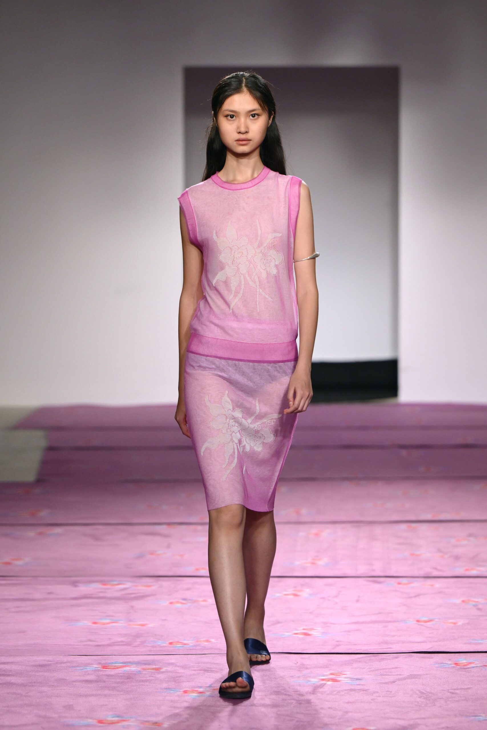 pink silk embroidered midi dress with blue shoes