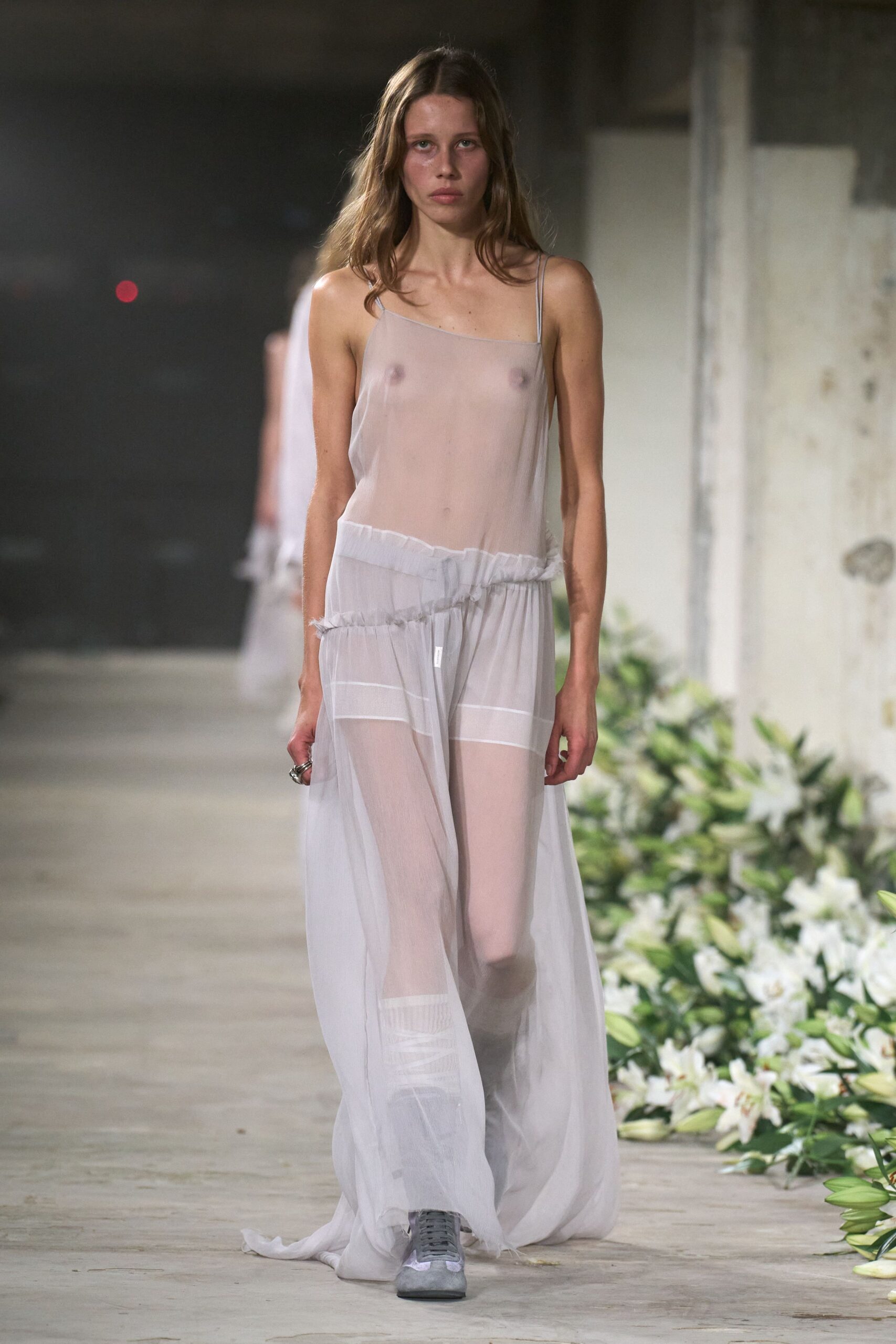 sheer white maxi dress with gray shoes