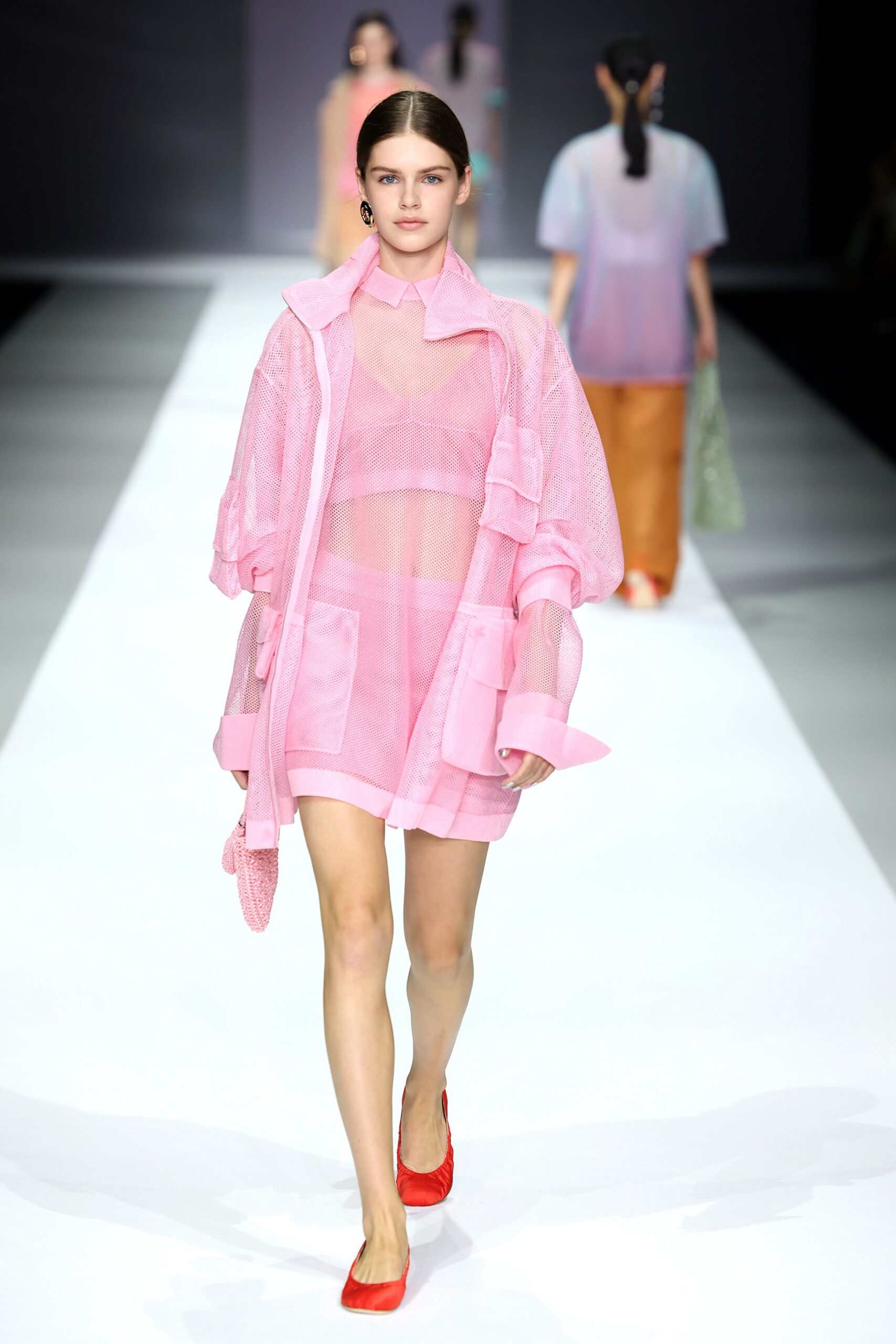 pink mesh long-sleeve collared relaxed layered sheer coat