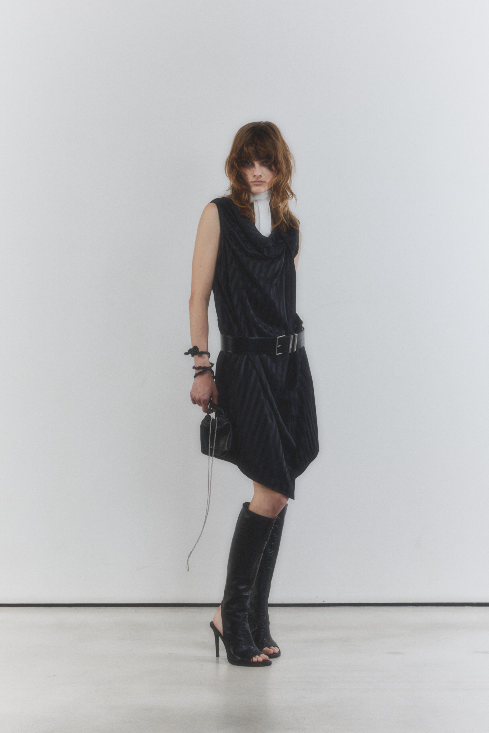 black silk sleeveless high-neck relaxed draped layered dress