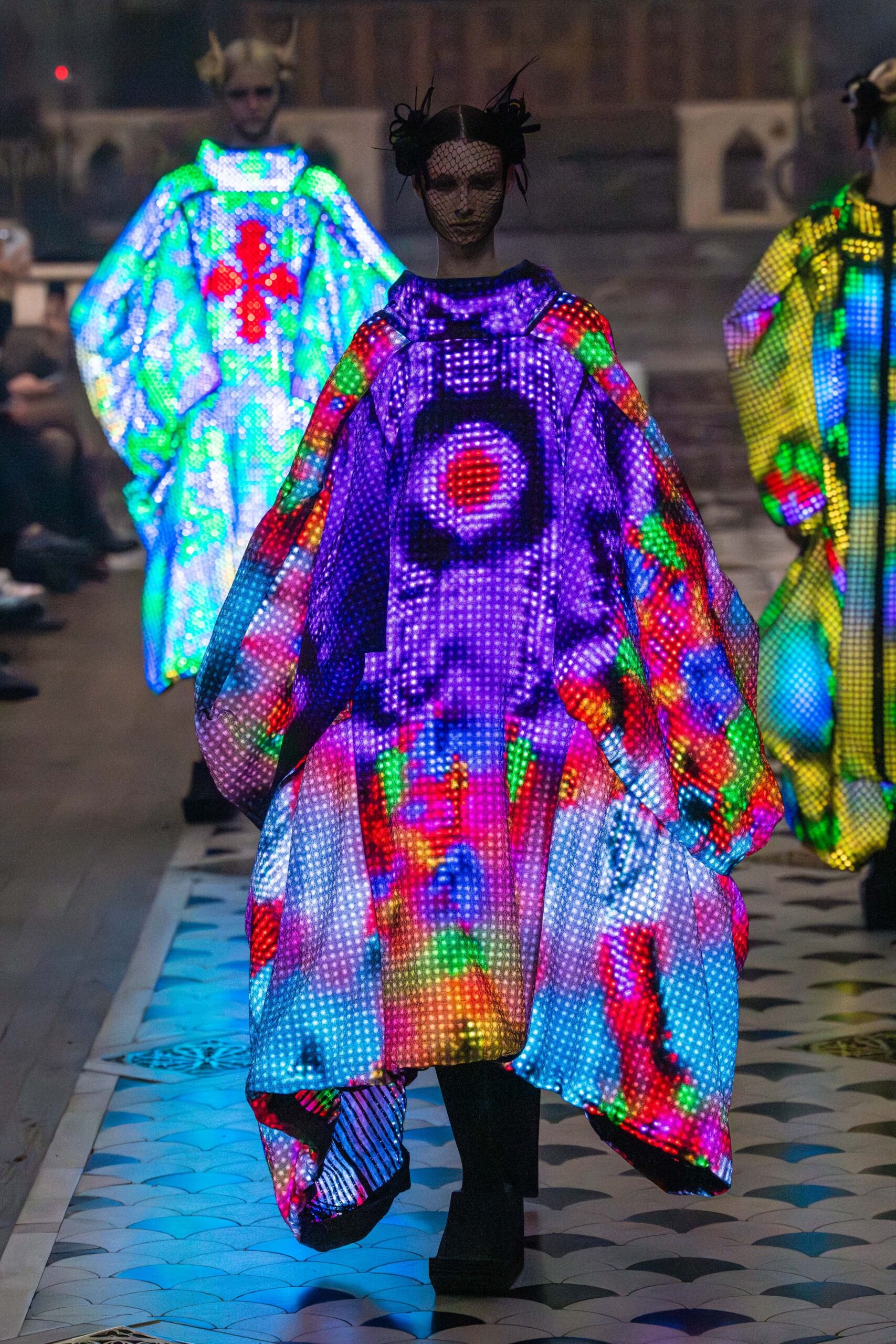 multi vinyl sleeveless oversized layered shiny cape