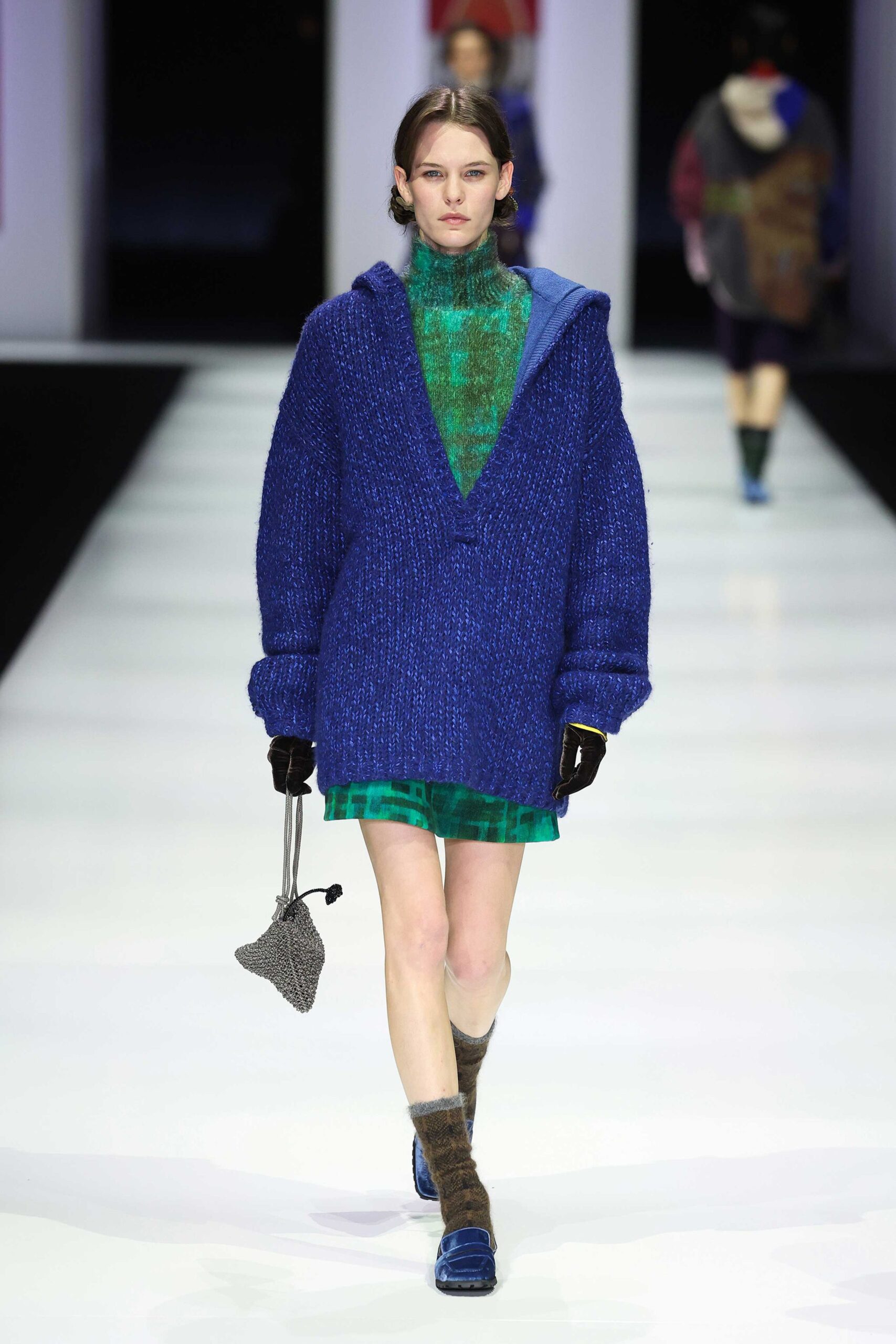 blue wool long-sleeve hooded oversized textured sweater