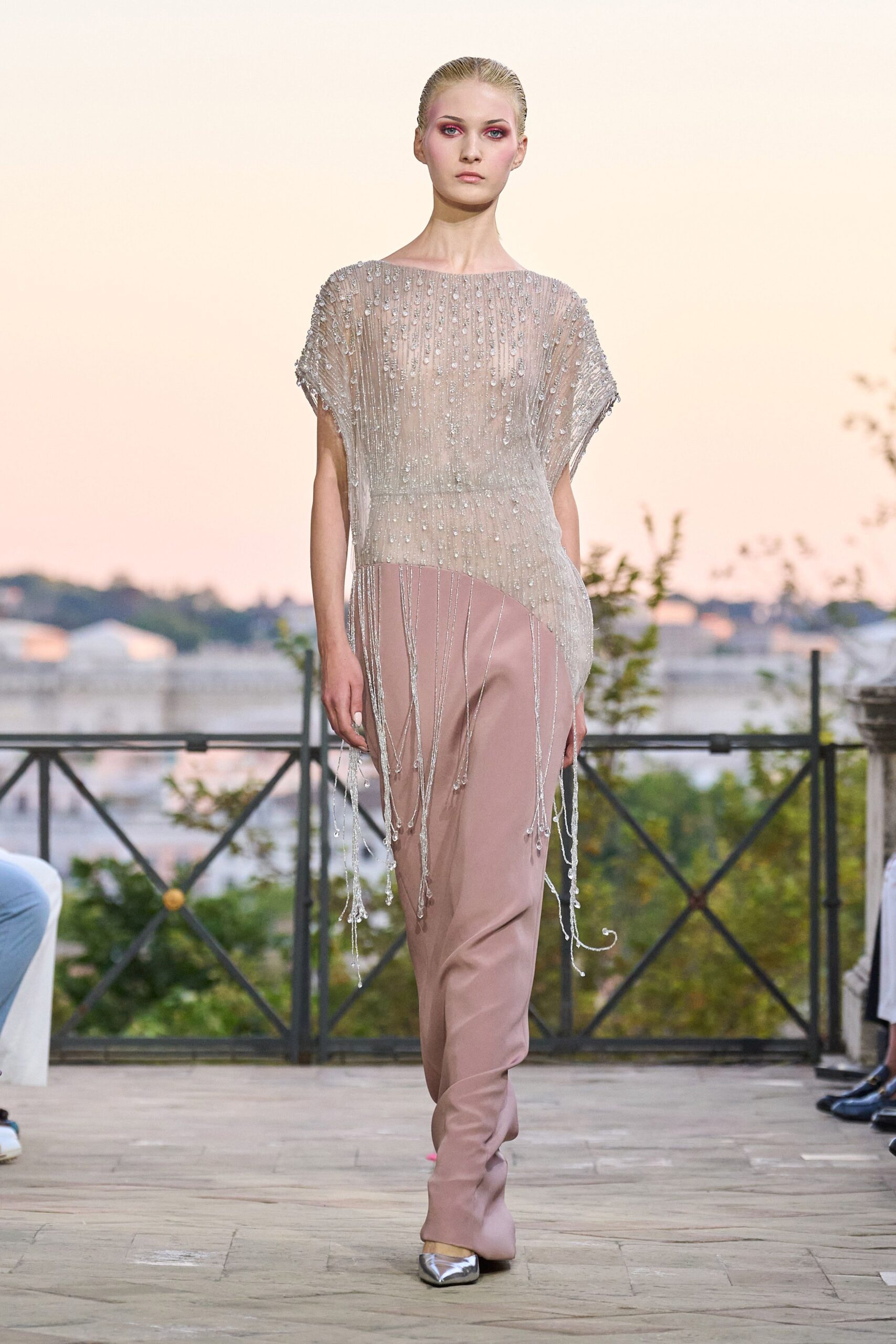 gray silk sleeveless relaxed beaded draped sheer top