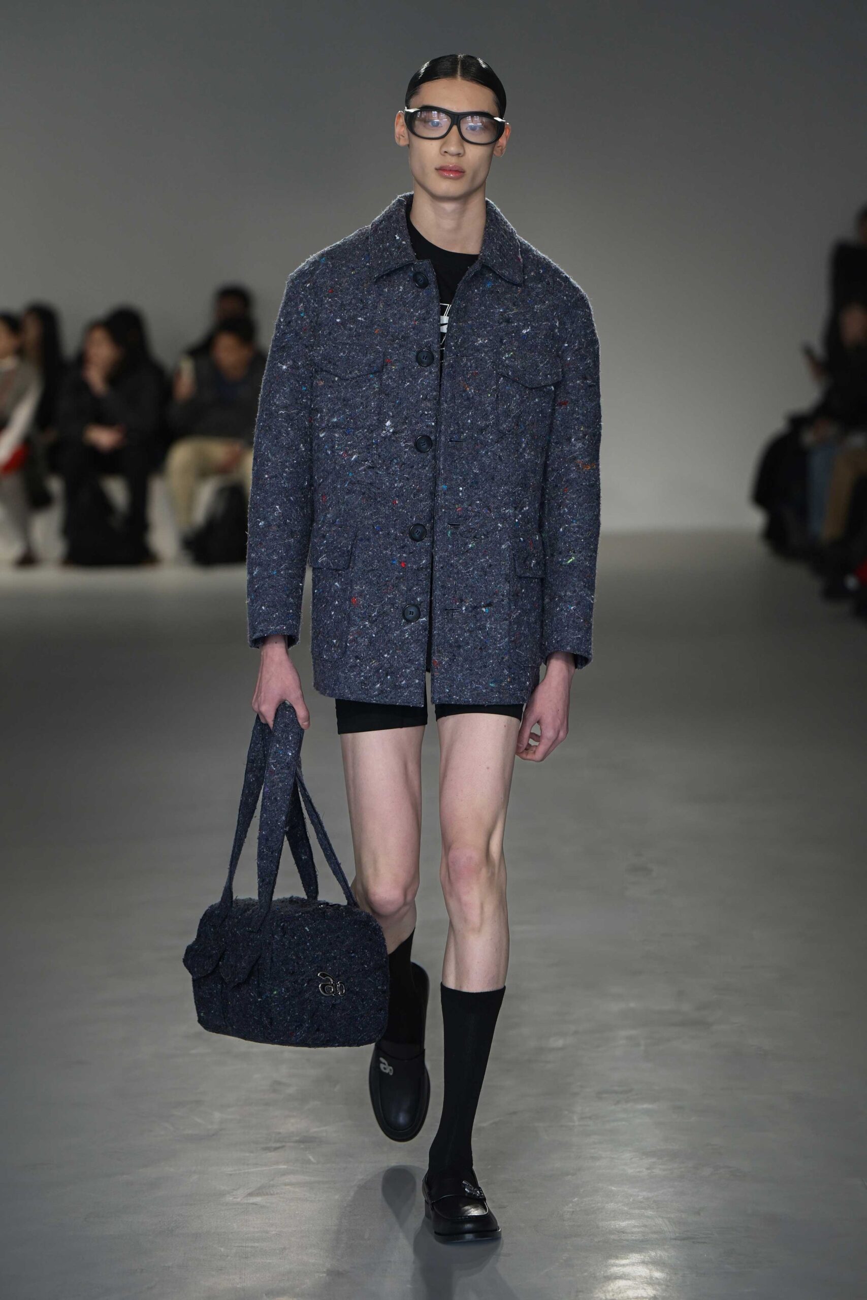 blue tweed long-sleeve collared structured buttoned jacket