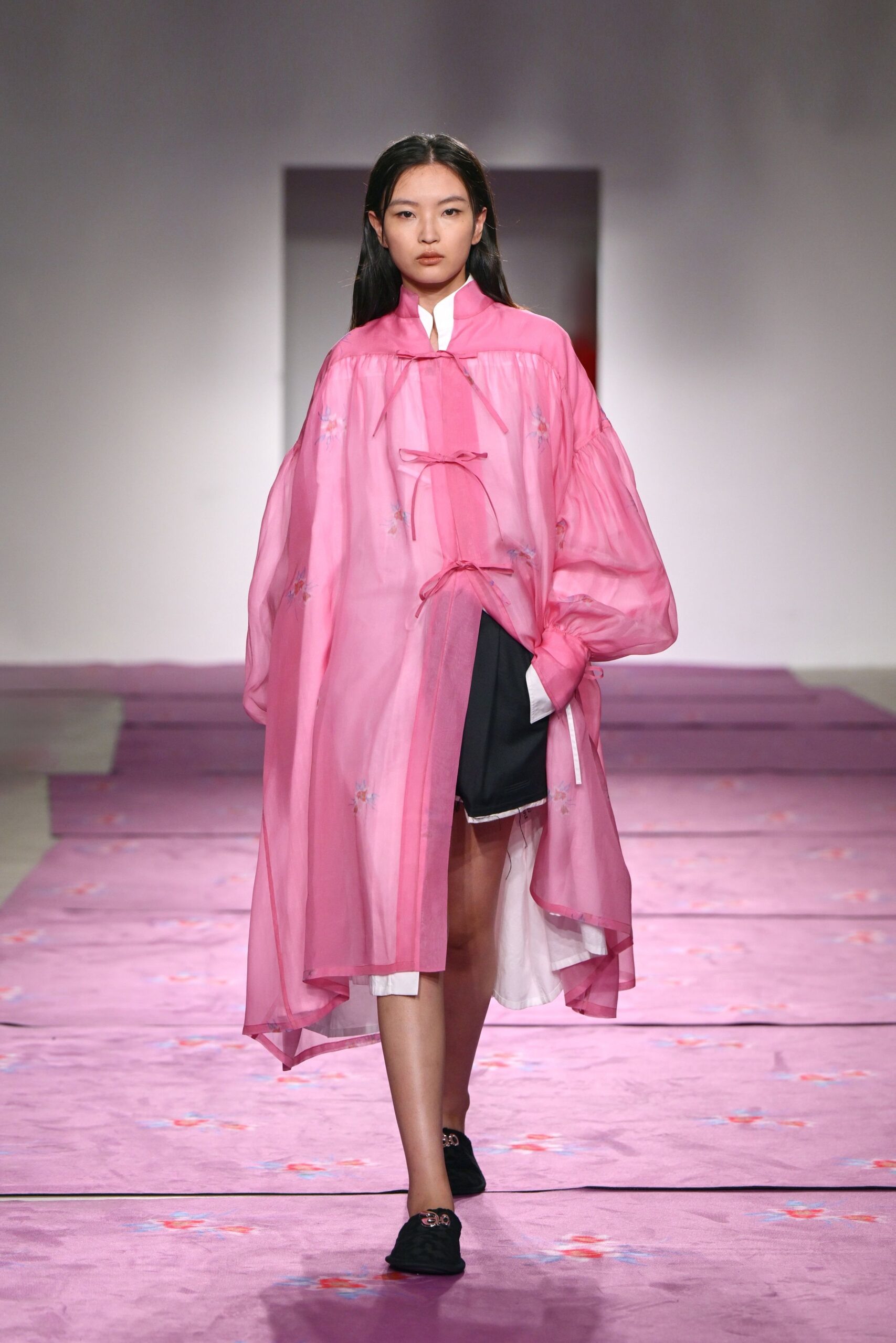 pink silk long-sleeve collared relaxed embroidered layered coat