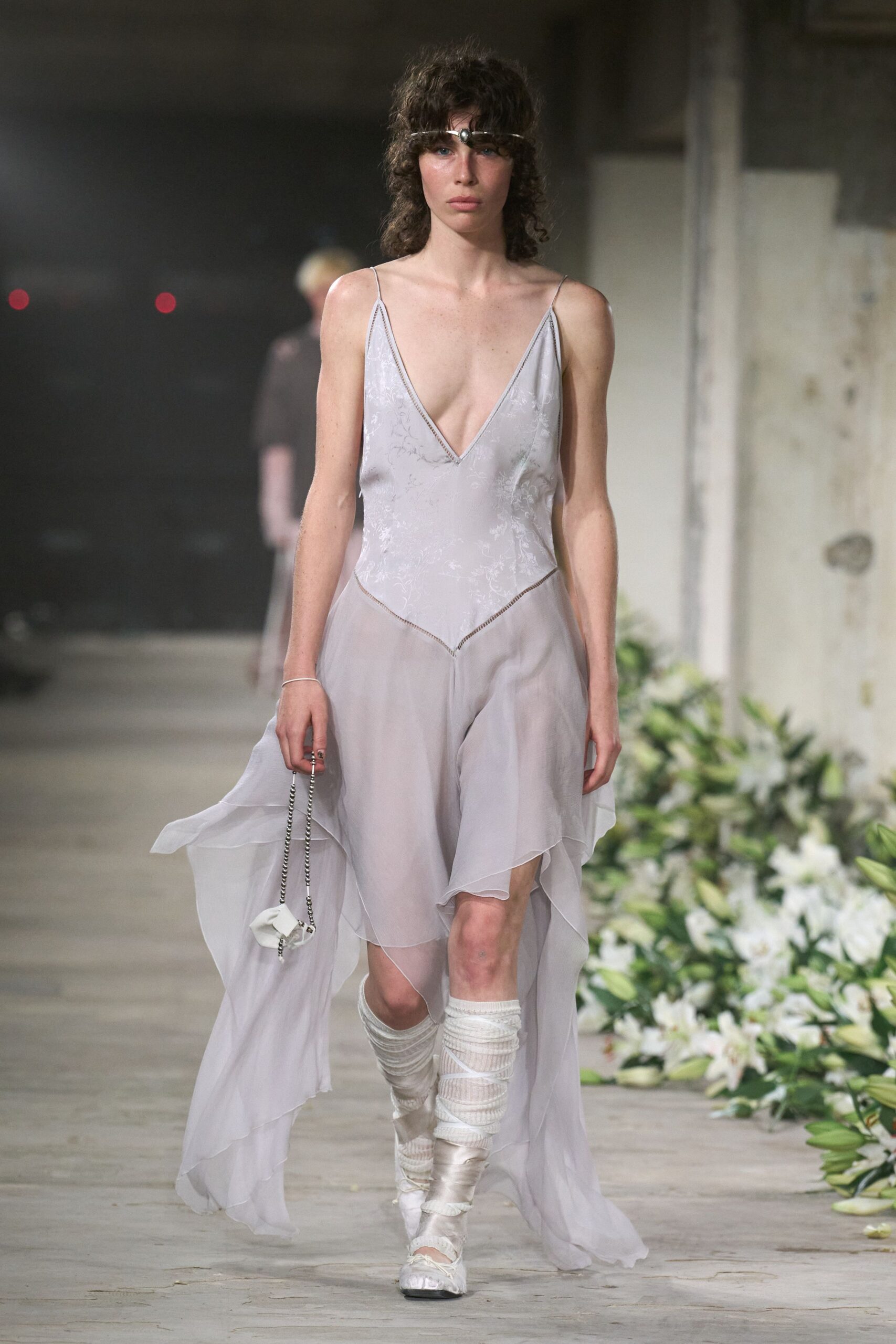 gray silk sleeveless v-neck fitted draped flowing dress
