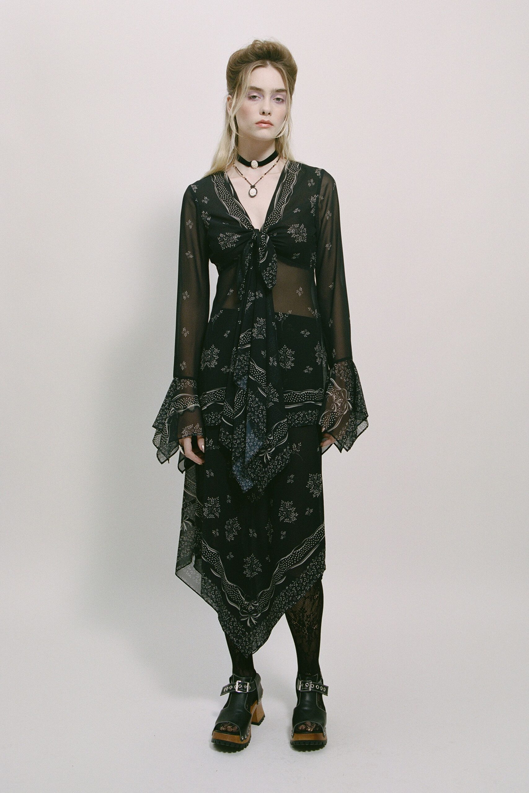 black chiffon long-sleeve v-neck relaxed printed layered dress