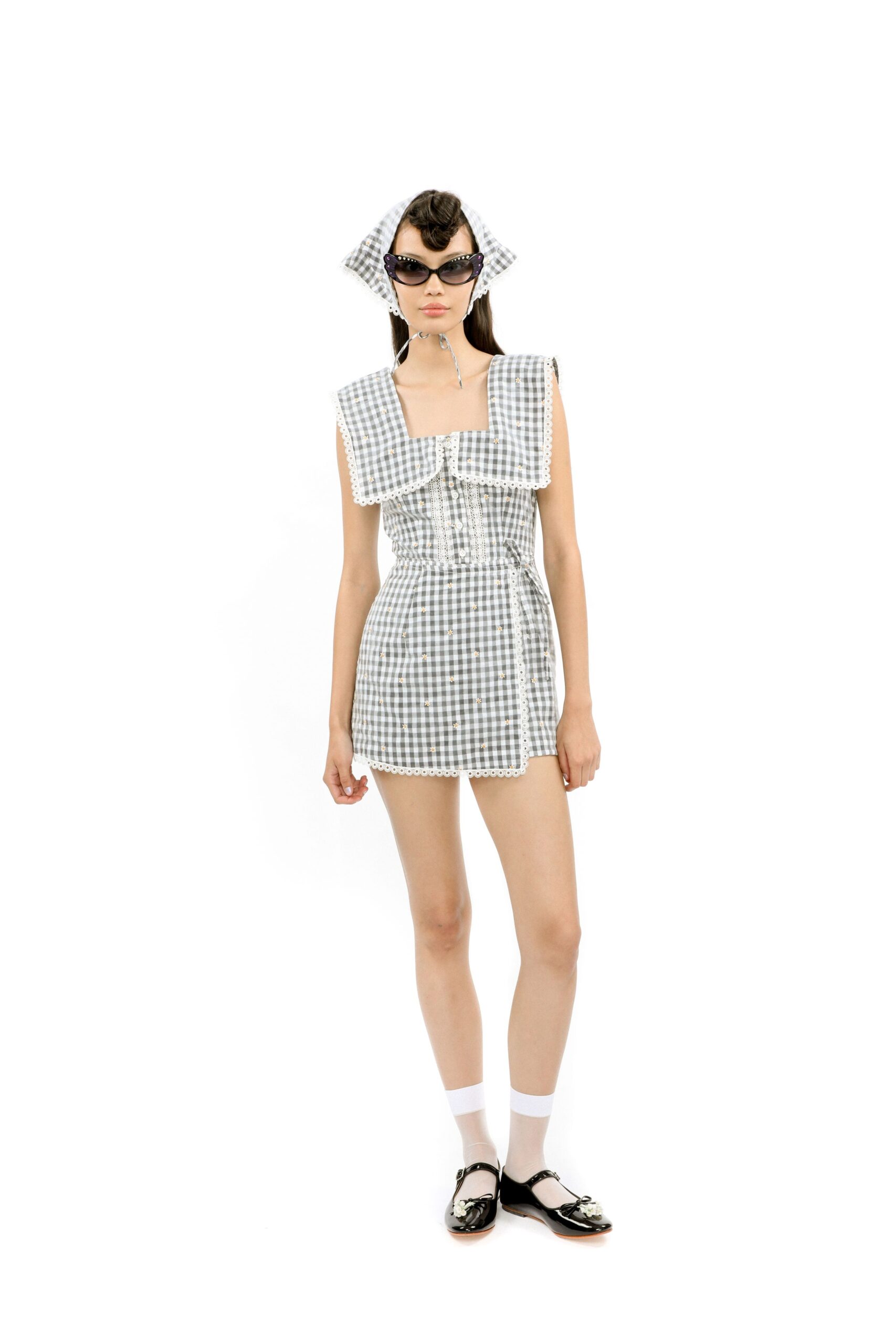 checked short romper with accessories