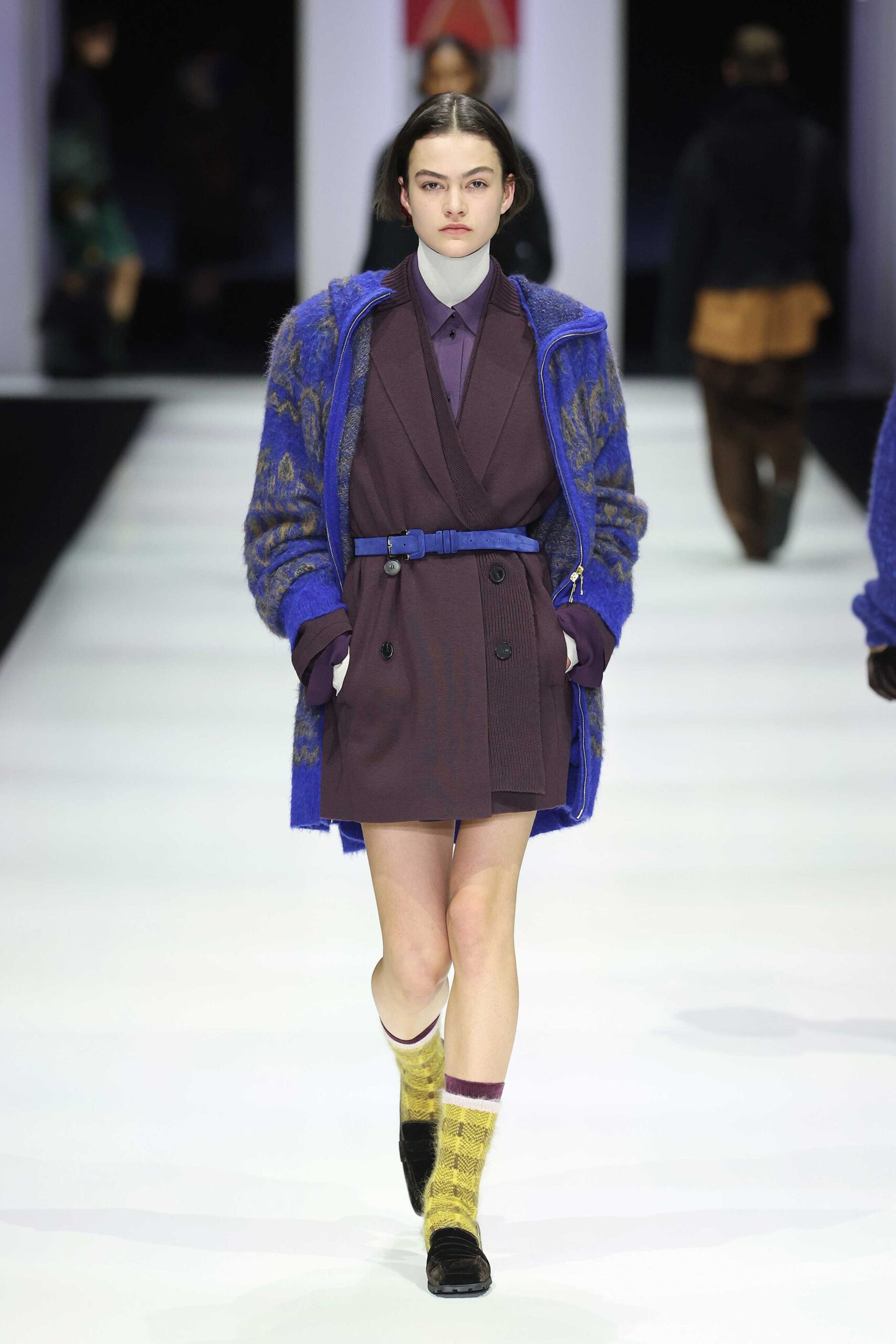 blue embroidered coat with purple blazer