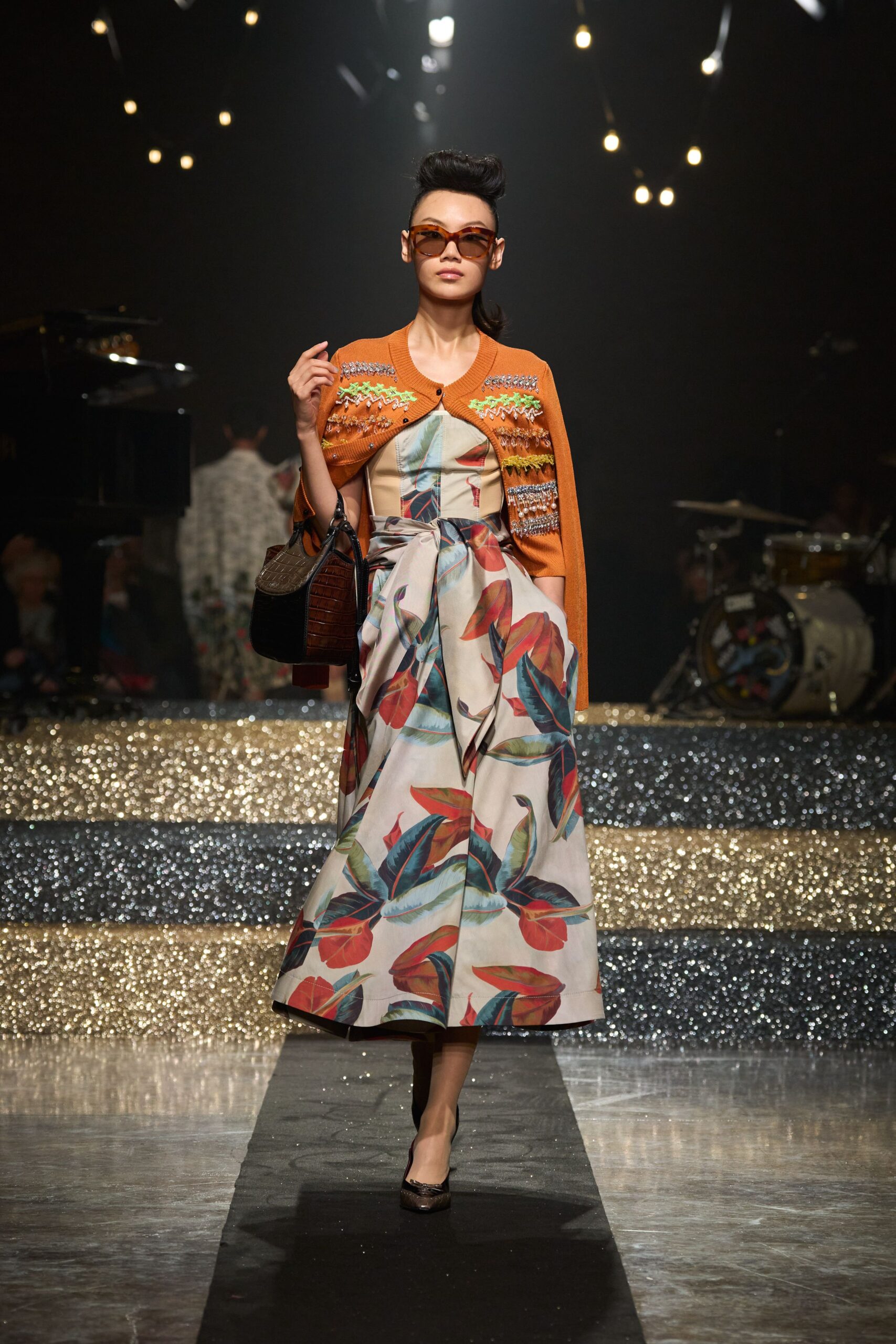 multi floral midi dress with cardigan