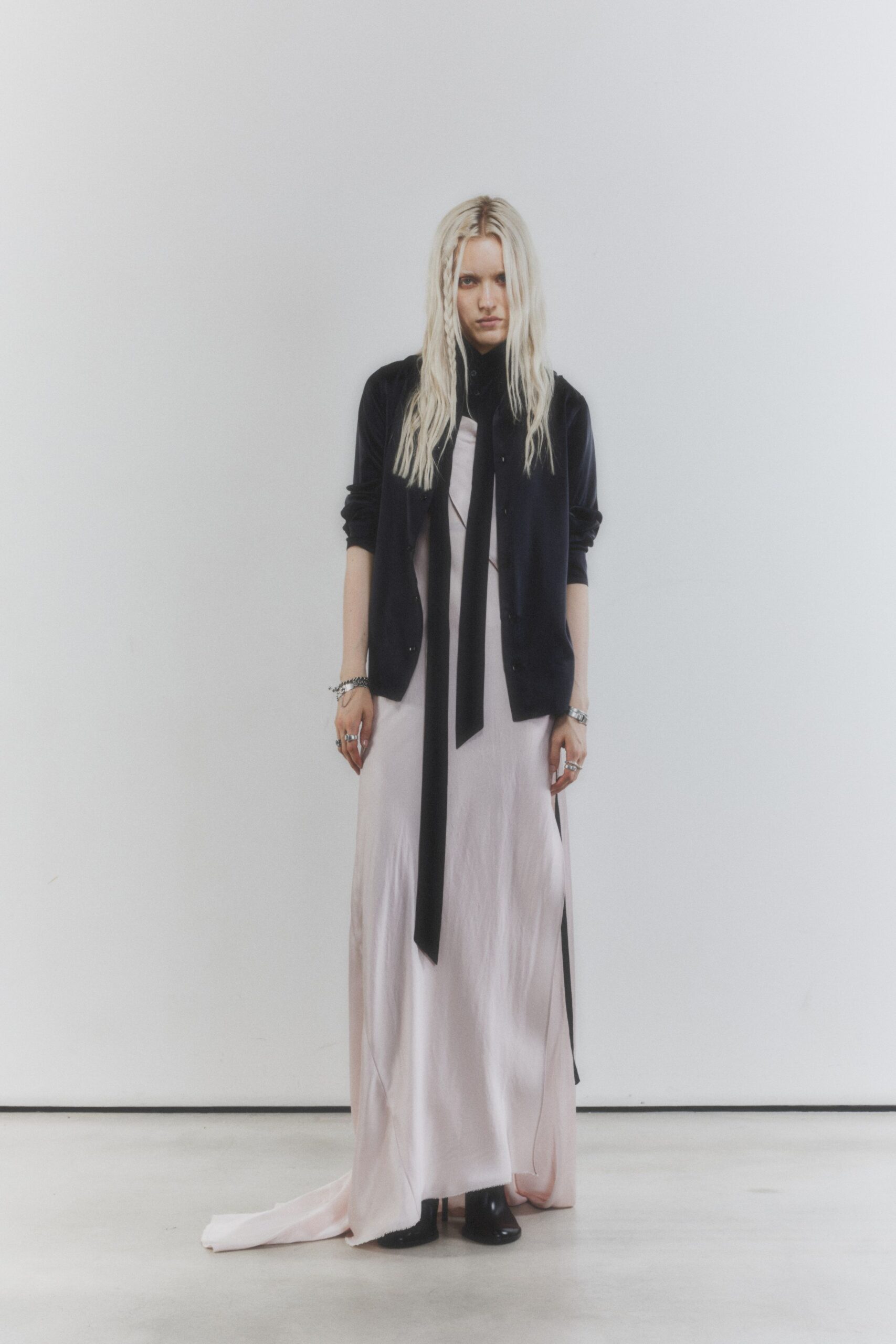 pink silk sleeveless high-neck relaxed draped layered dress