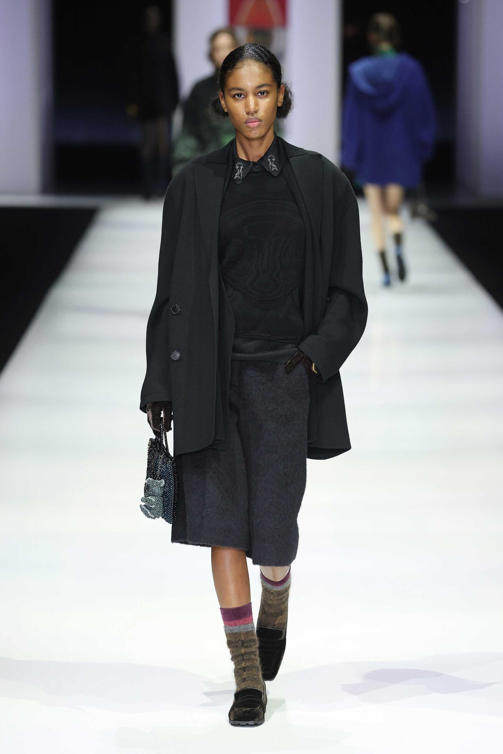 gray wool tailored straight-leg midi skirt