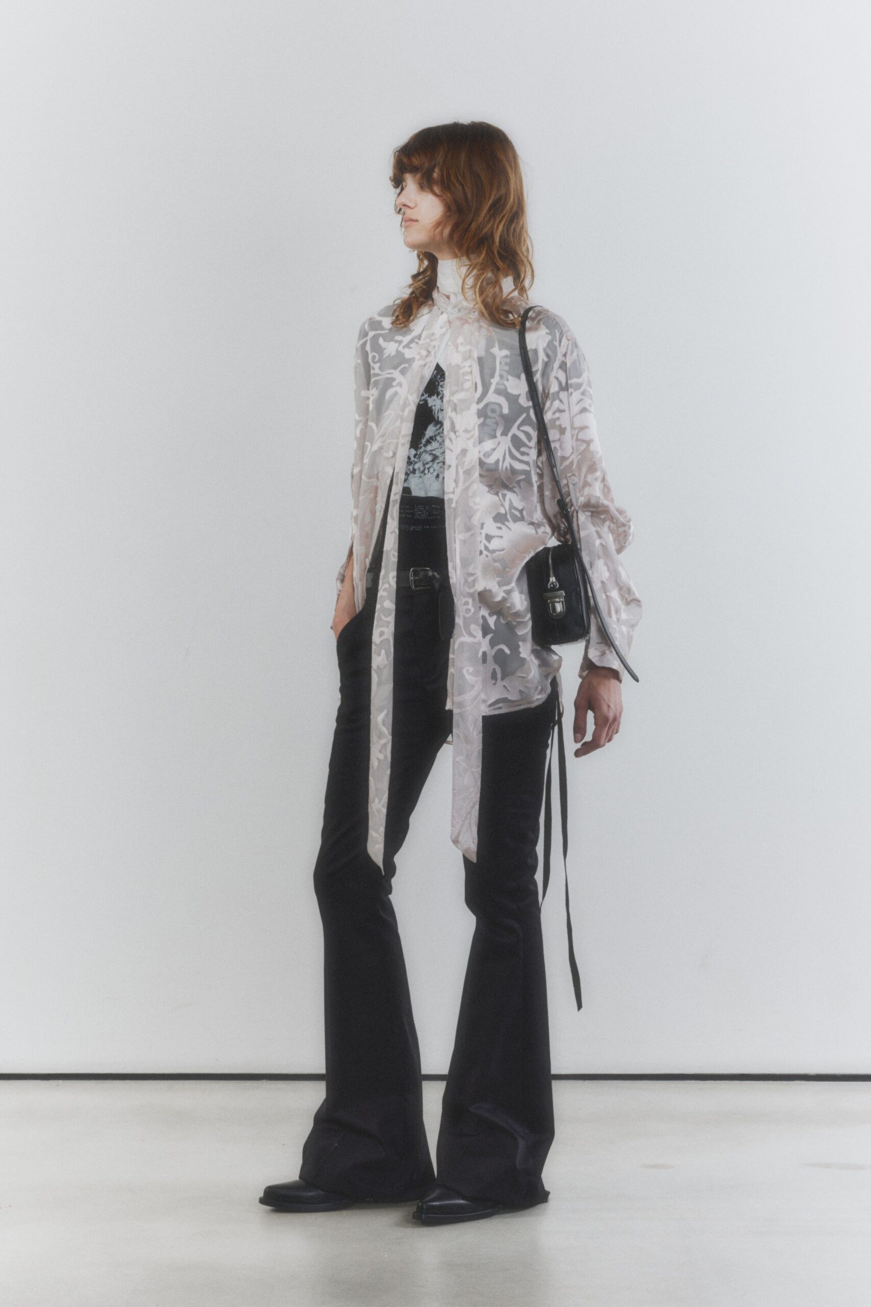 white chiffon long-sleeve high-neck relaxed printed draped blouse