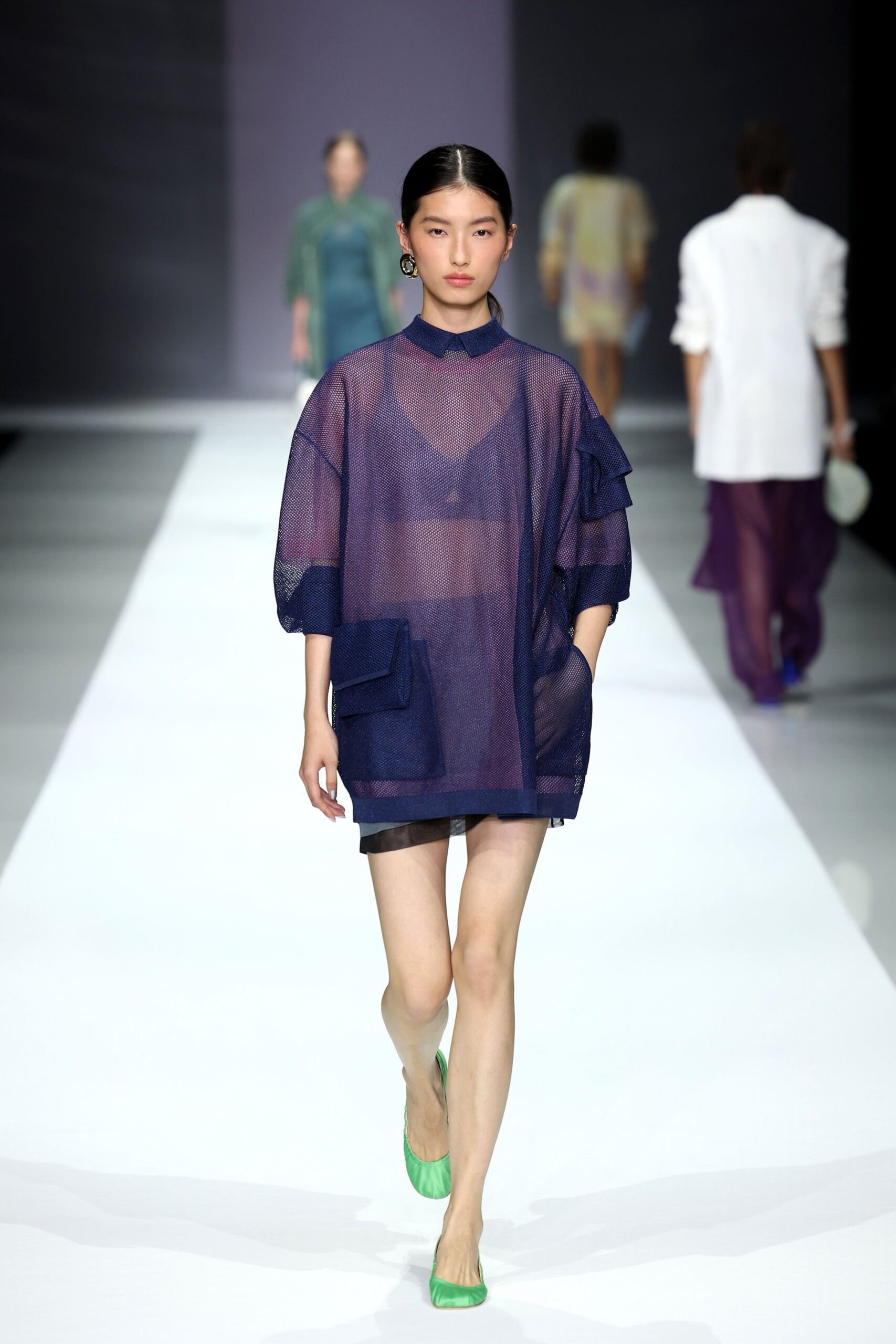 blue mesh short-sleeve collared relaxed pockets sheer top