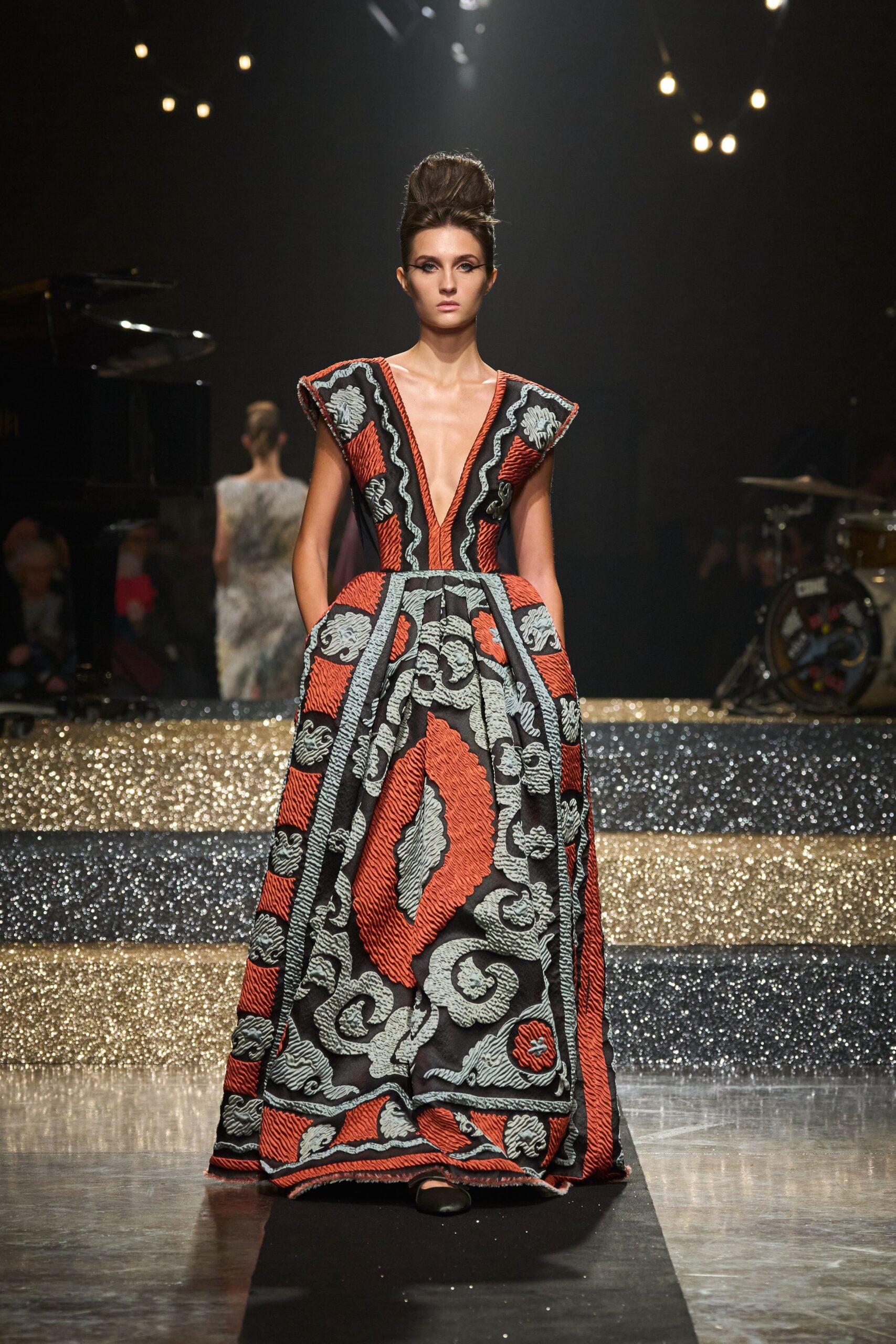 black and red embroidered gown