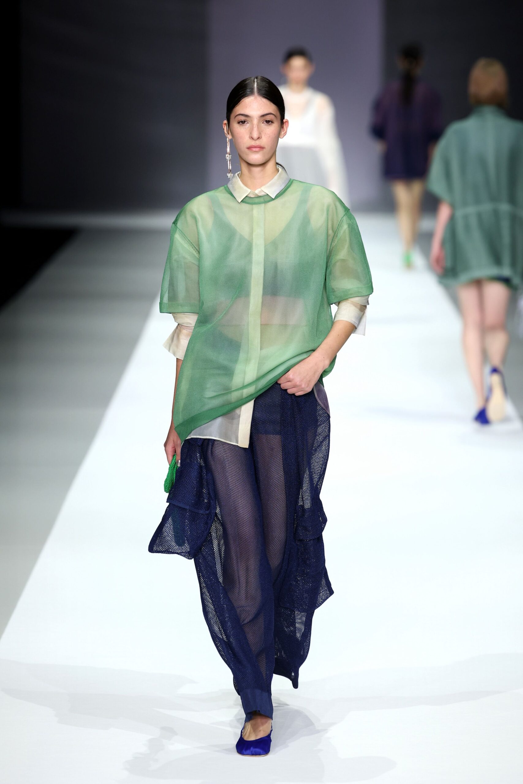 green chiffon long-sleeve collared relaxed layered sheer shirt