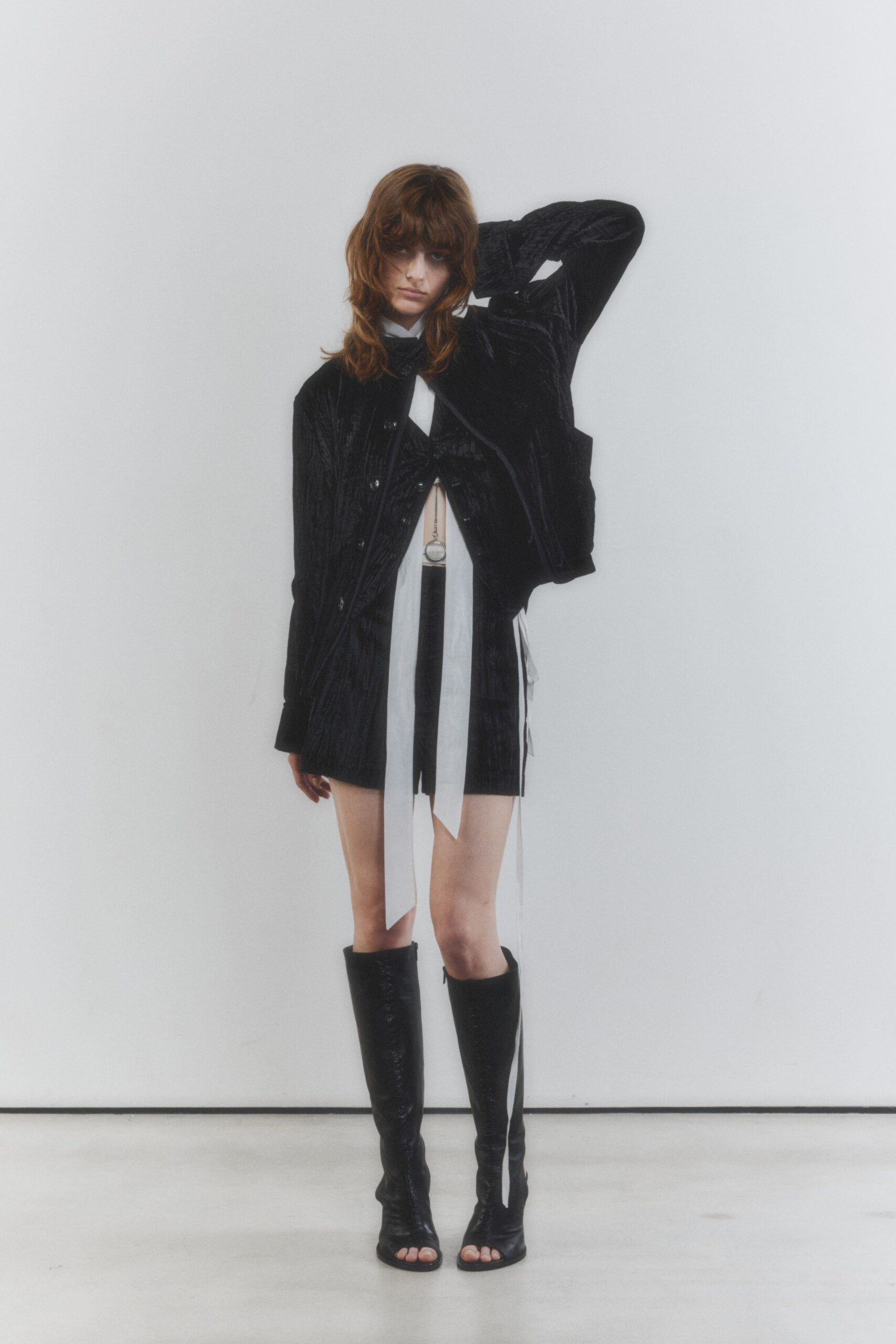 black cotton tailored layered pleated mini skirt