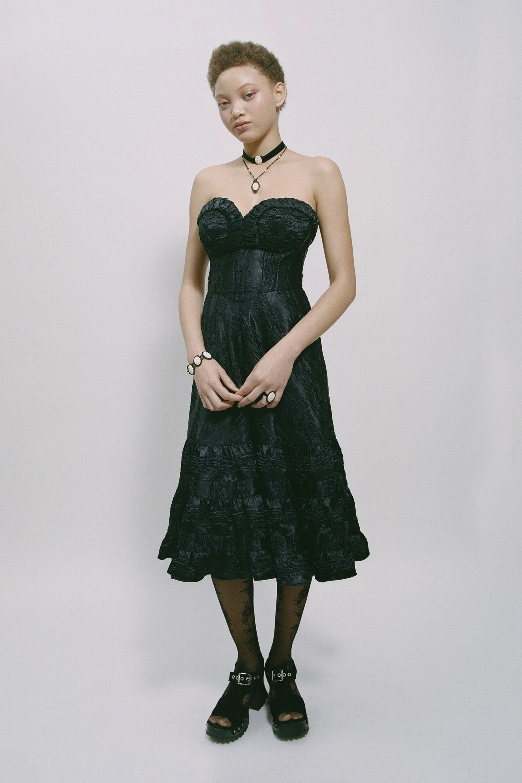 black silk strapless fitted ruched layered textured dress