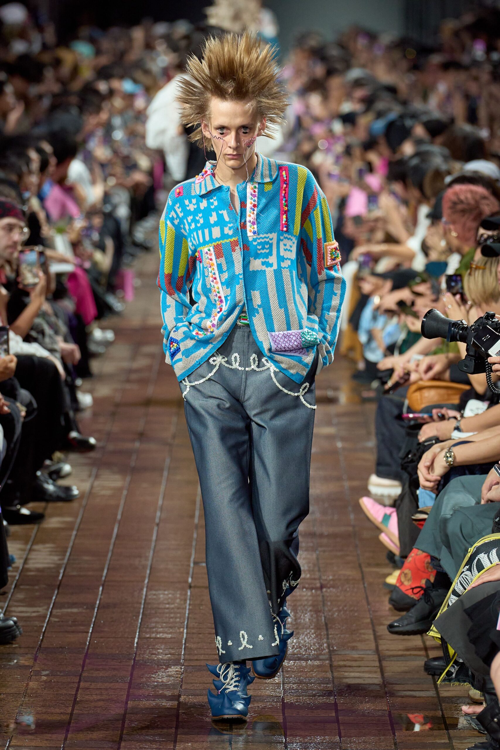 colorful printed shirt with denim pants