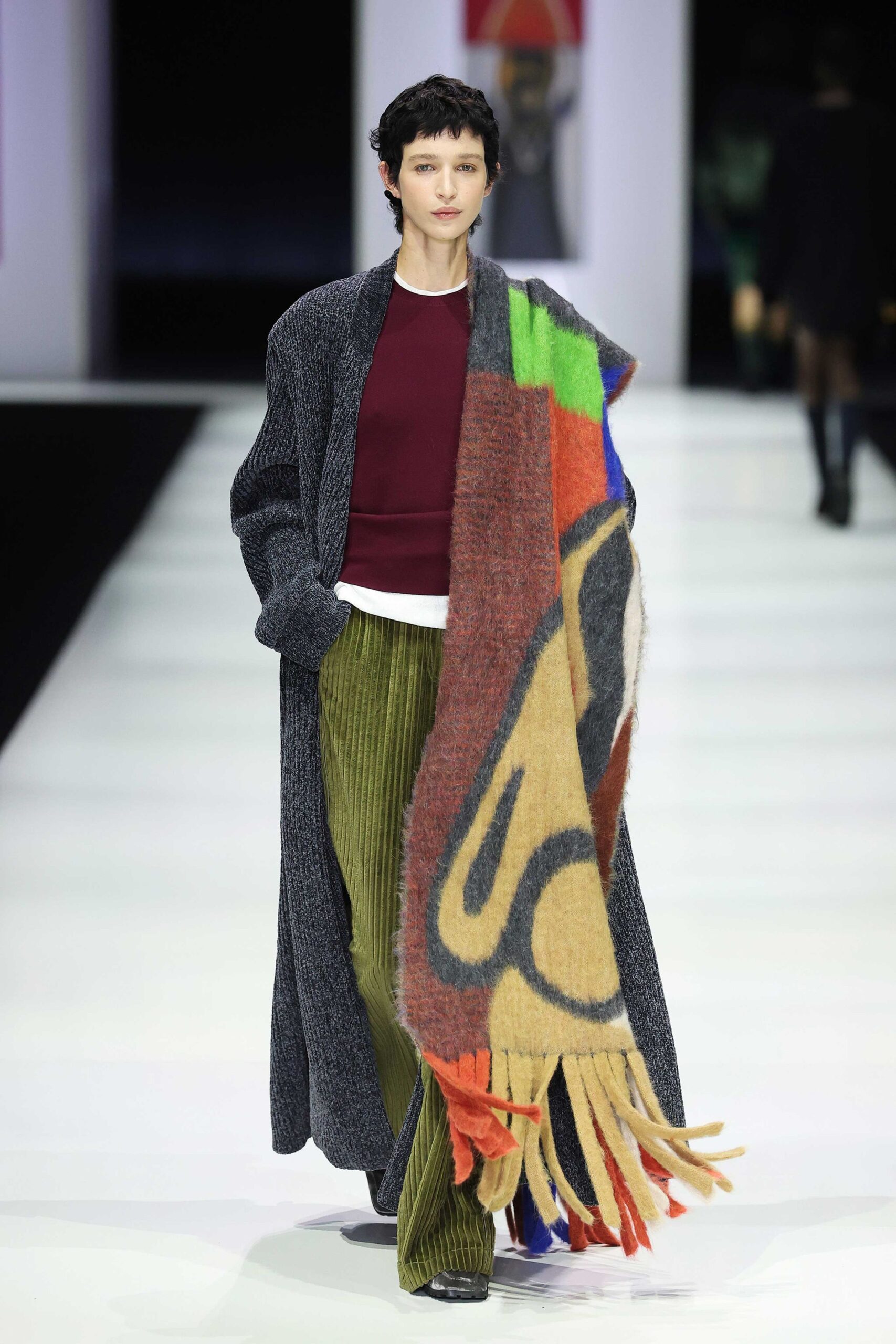 gray wool coat with multi scarf