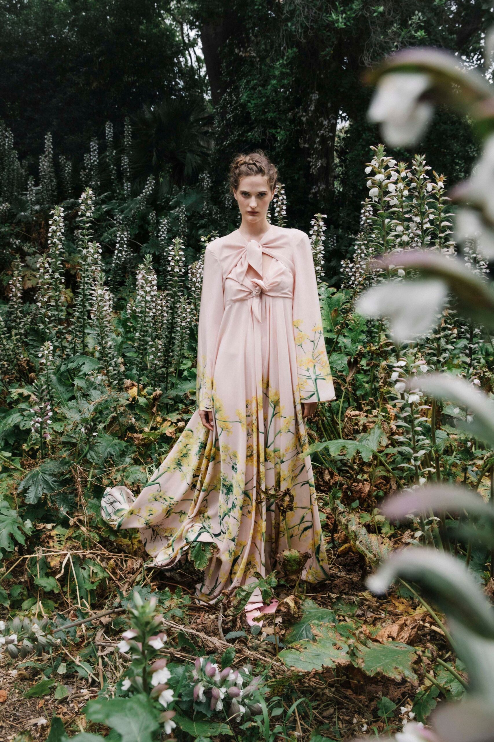 pink floral long-sleeve gown